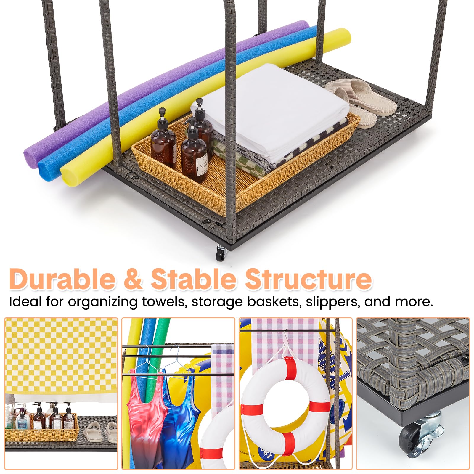 IdealHouse Freestanding Poolside Outdoor Storage Organizer with 5-Bar Towel Rack & Rattan Base - Perfect for Pool Toys, Floats, Noodles & Swimming Rings - Great for Patio, Backyard, Pool Area & Indoor Use