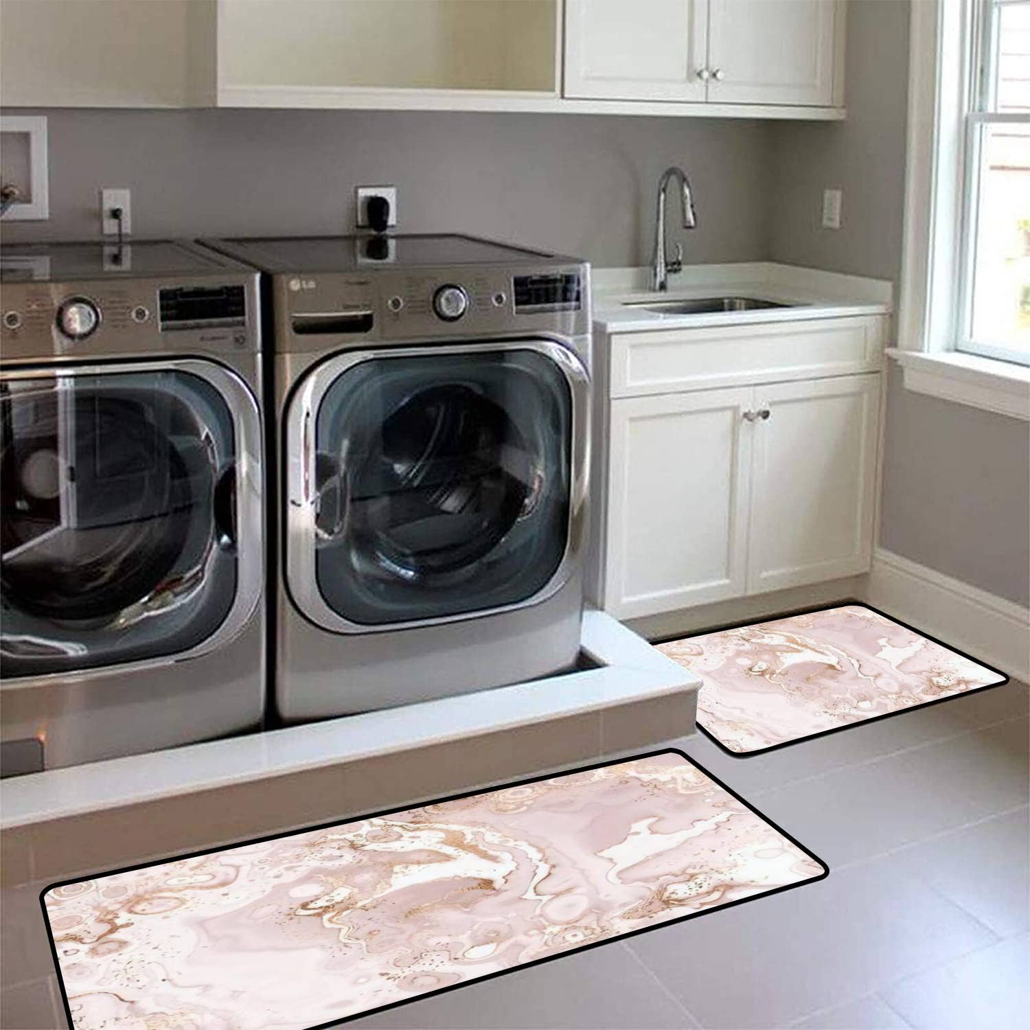 Luxury Non-Slip Kitchen Rugs Set - Marble Abstract Print with Gold Accents, Washable Floor Mat for Kitchen, Bathroom, Entryway - Anti-Fatigue Standing Comfort for Cooking & Home Decor