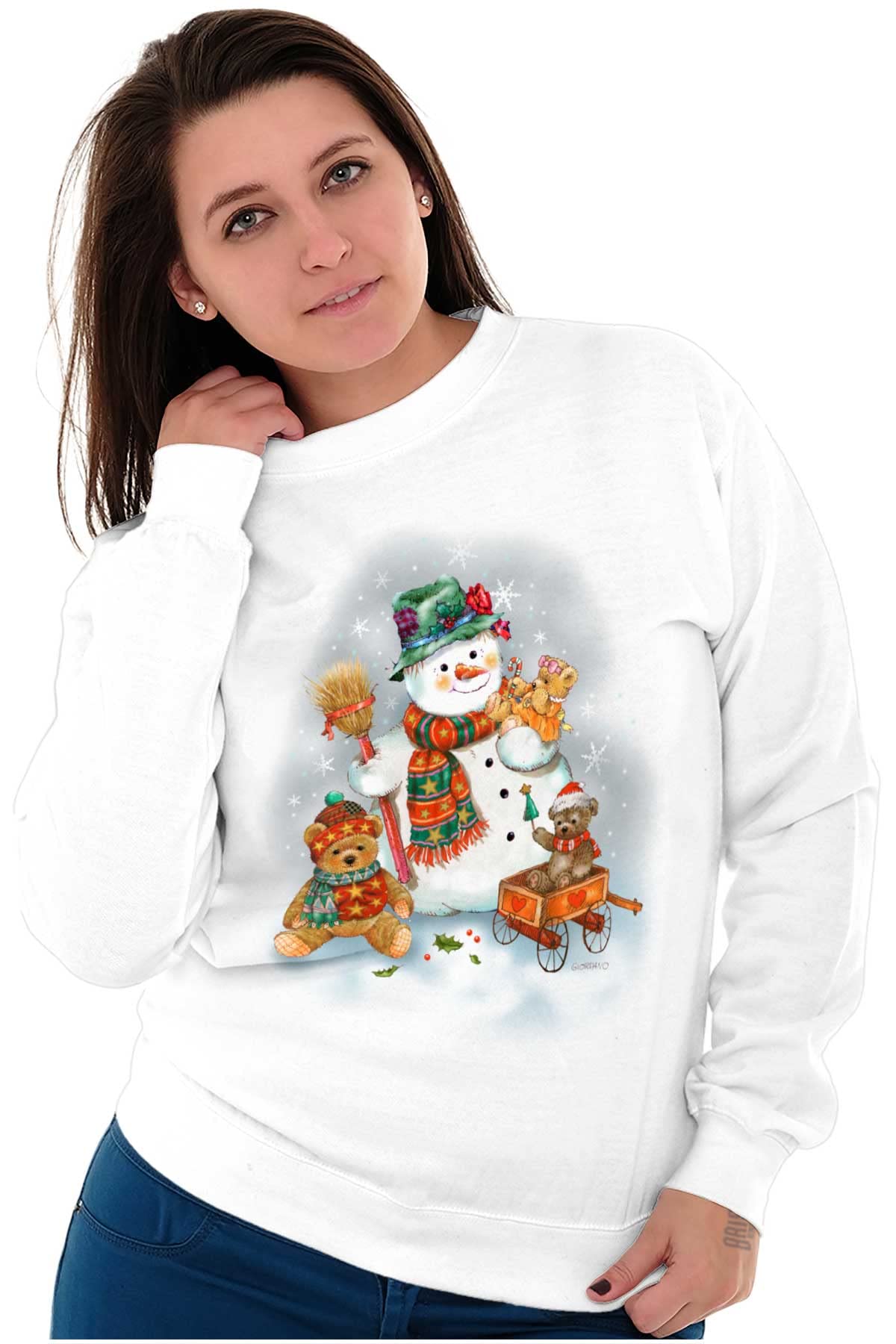 Christmas Snowman & Teddy Bear Women's Crewneck Sweatshirt - Cozy Holiday Sweater for Winter Parties, Gift Exchange & Family Gatherings