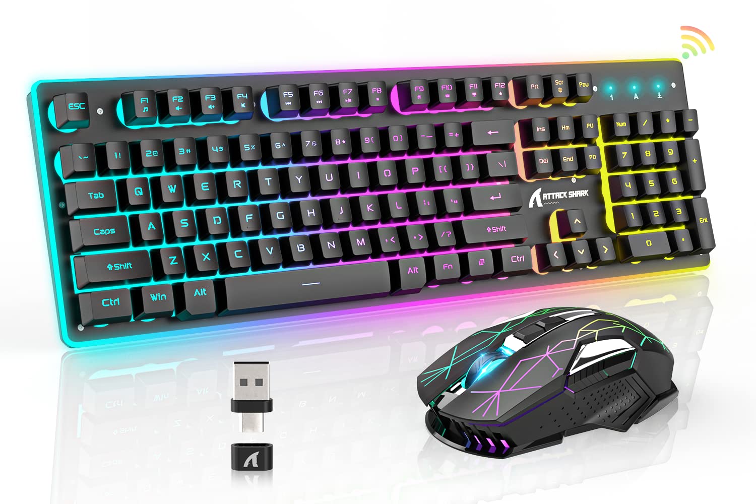A.jAZZ Wireless Gaming Keyboard and Mouse Combo - Full Size 12 RGB Chroma Backlit Keyboard, Rechargeable 4200mAh Mechanical Feel USB/Type-C Dual Receiver Silent Mice for PC, Mac, Laptop, PS4, Xbox (Black) | Perfect for Esports, Office Work & Home Gaming Setup