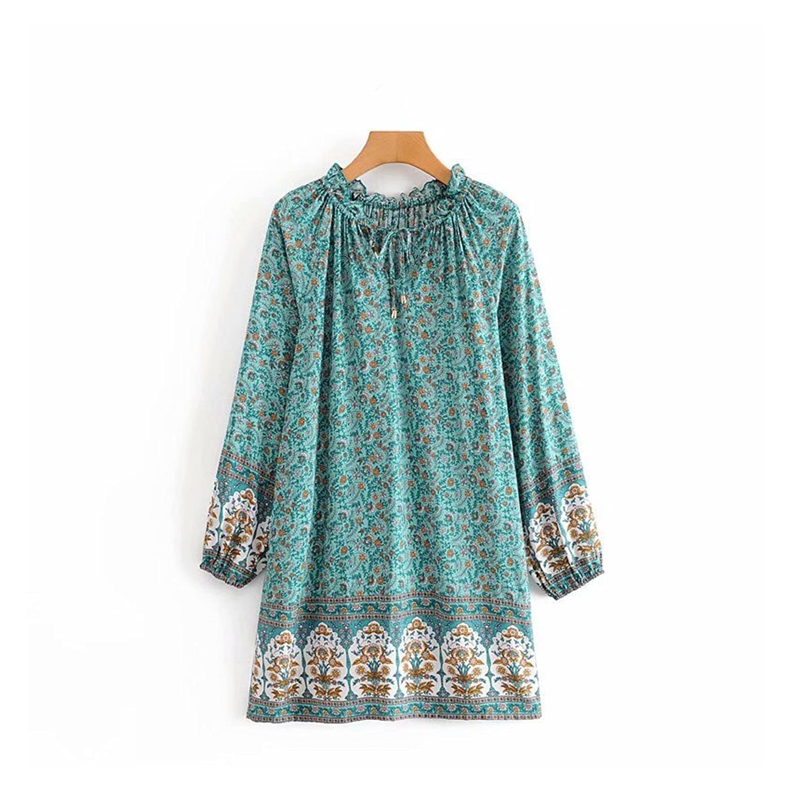 Bohemian Floral Print V-Neck Mini Dress for Women - Hippie Ethnic Style with Flare Sleeves, Rayon Cotton Blend (Green, Small) | Perfect for Music Festivals, Beach Vacations & Summer Parties