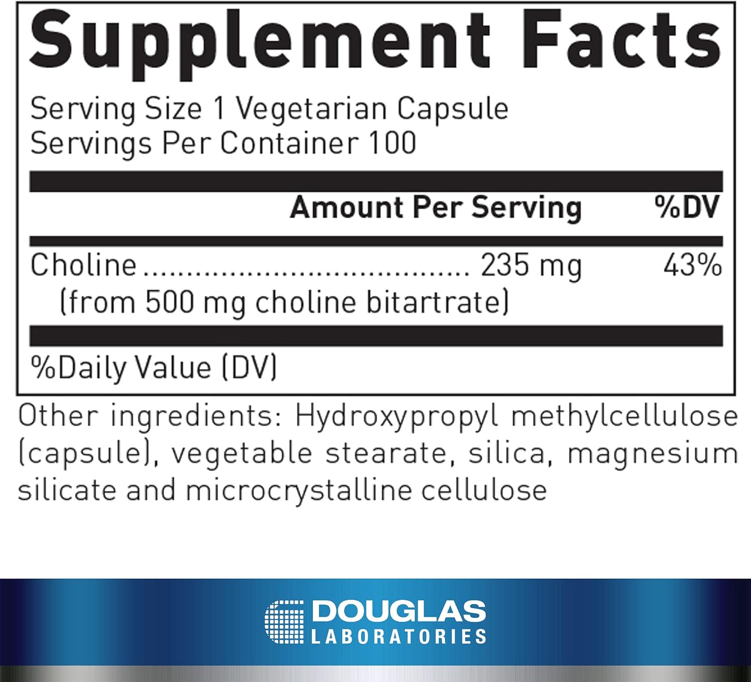 Douglas Labs Choline Bitartrate Supplement - 500mg Brain Health & Liver Support Capsules - Vegan, Non-GMO - Improve Memory & Focus for Students & Professionals