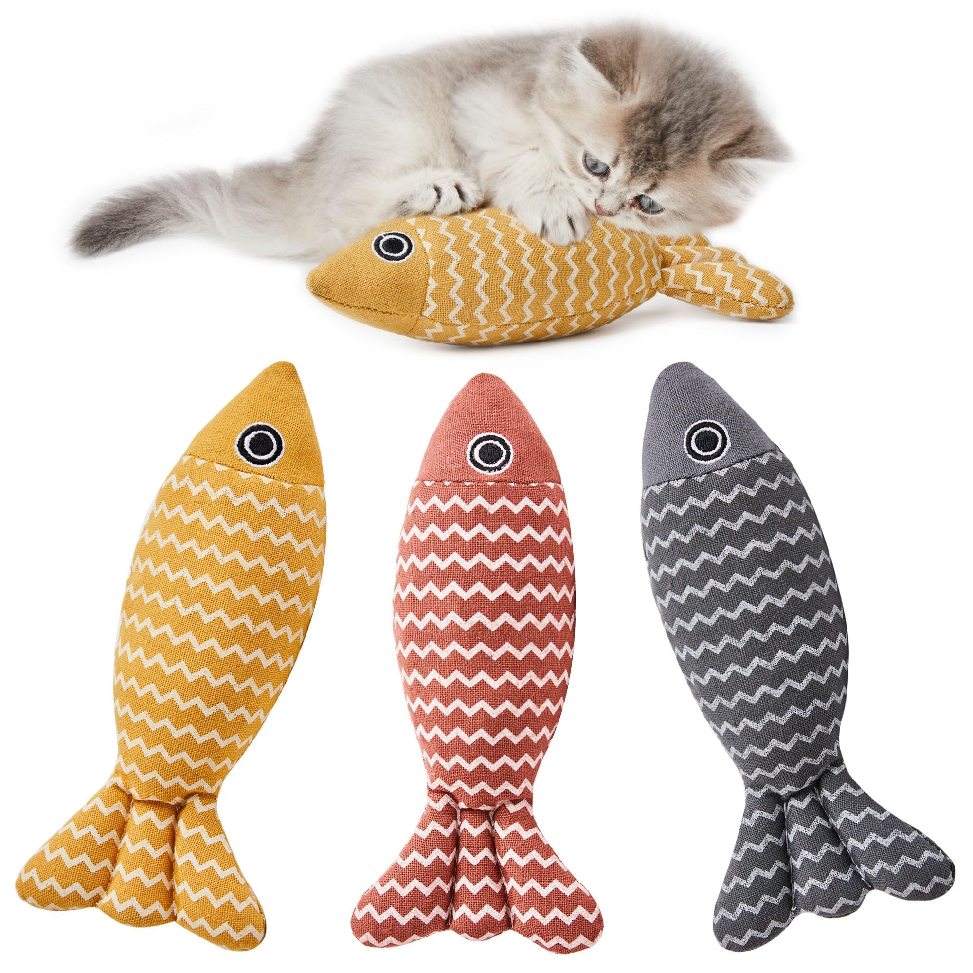Potaroma 3-Pack Crinkle Cat Toys with Catnip - Soft Linen Fish-Shaped Interactive Kicker Toys for Indoor Kittens (7.8 Inches) - Perfect Exercise Toys for All Cat Breeds - Great for Playtime, Training & Bonding with Your Feline Friend