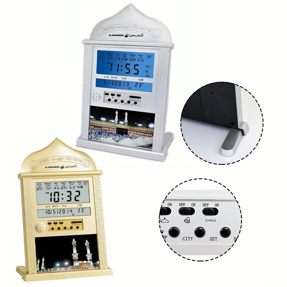 Azan Calendar Muslim Prayer Clock - Adjustable Prayer Times & Temperature Display, Silver | Perfect for Home, Mosque, and Islamic Centers