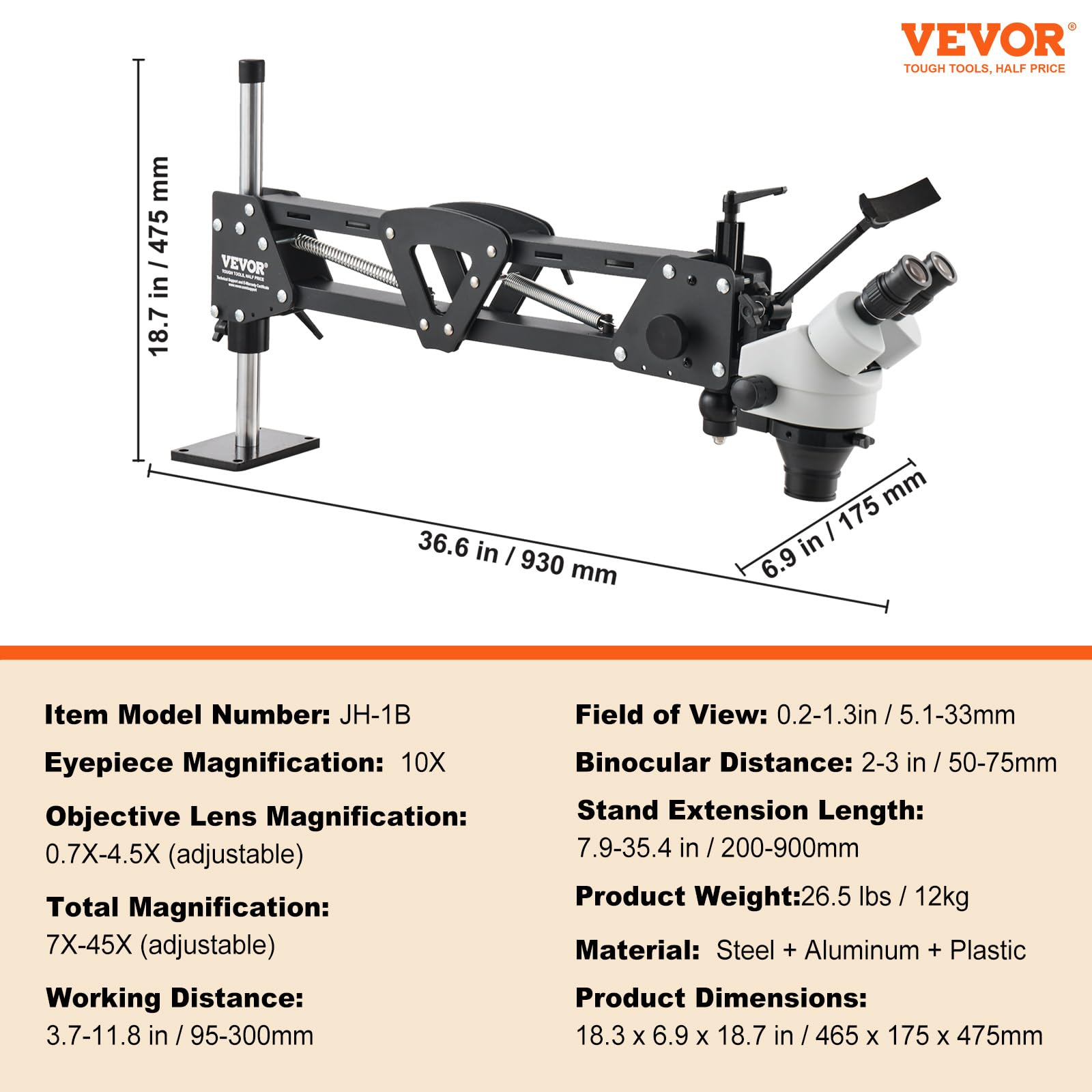 VEVOR 7X-45X Magnification Jewelry Microscope with Spring Bracket - Multi-Directional Microscope with Integrated USB Ring LED Light & 360° Ball Vise for Jewelry Inlay, Watch Repair, Coin Appraisal & Gemstone Inspection