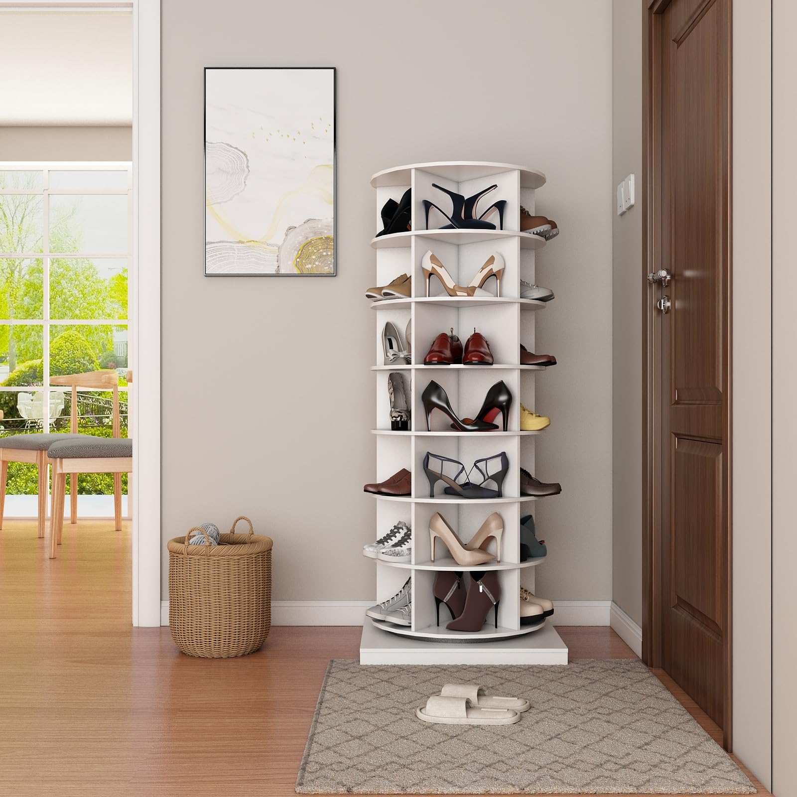 360° Rotating Shoe Rack Tower - 7 Tier Spinning Shoe Organizer Holds 35 Pairs | White Revolving Shoe Storage with Lazy Susan Base | Space-Saving Entryway, Closet & Corner Solution for Home, Apartment & Dorm Organization
