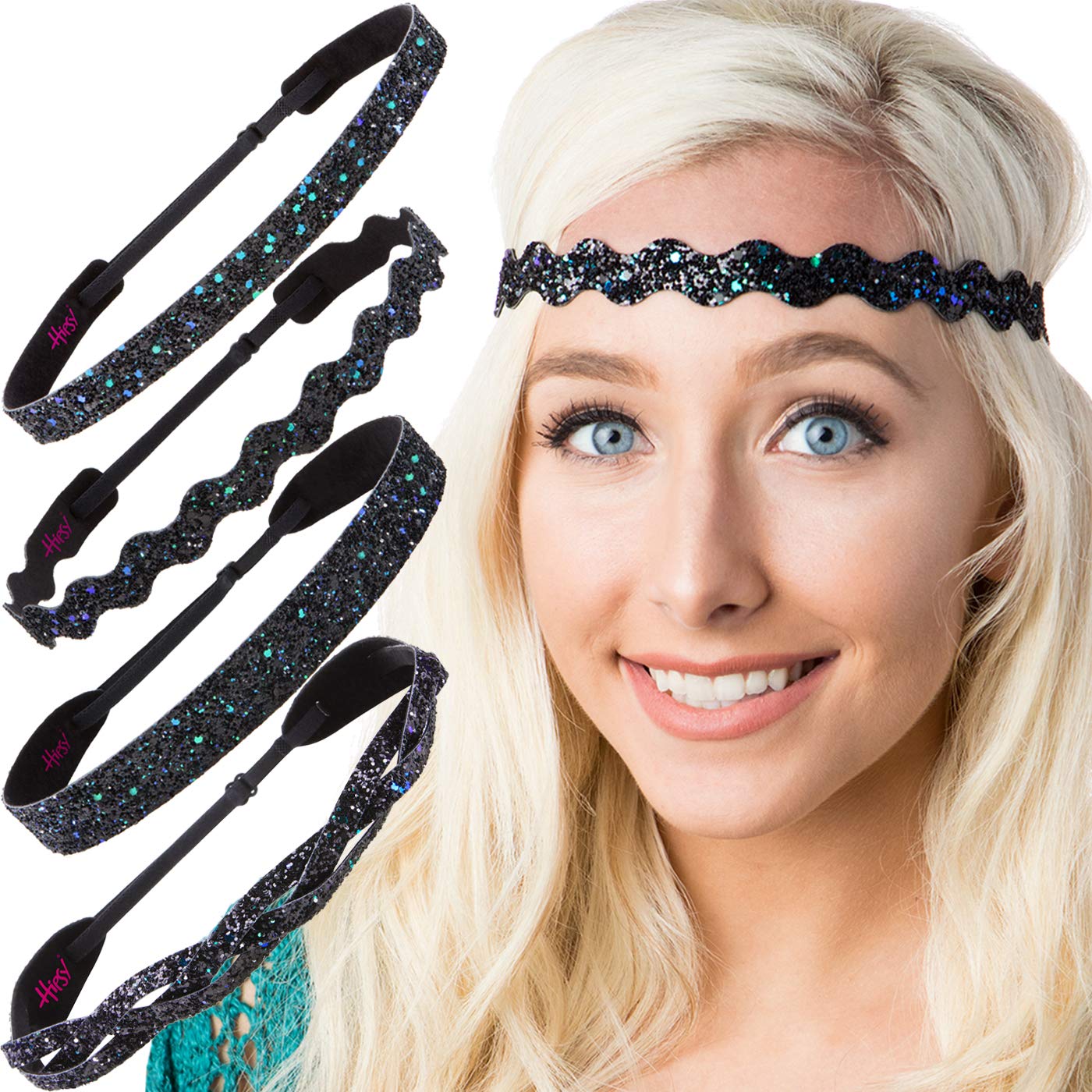 Sparkly Bling Adjustable No-Slip Headbands for Women, Girls & Teens - 4 Pack Mixed Glitter & Peacock Design - Perfect for School, Sports, Parties & Everyday Wear