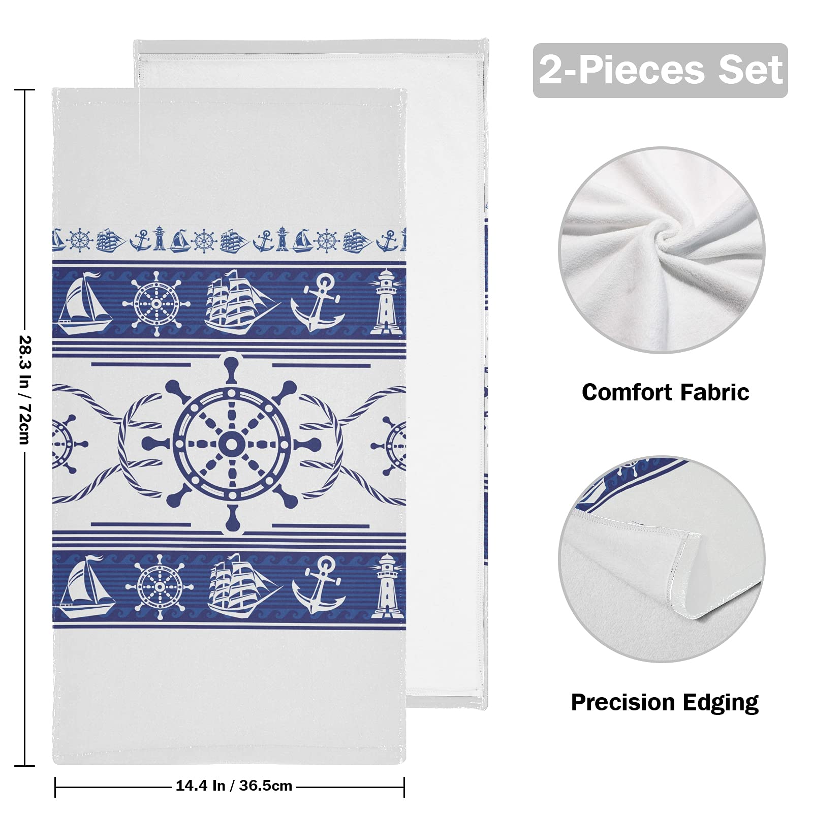 Premium Nautical Sailboat Anchor Wheel Lighthouse Hand Towels - Set of 2 Blue Bath Towels, 28x14.5 Inch - Super Soft & Highly Absorbent for Bathroom, Gym, Spa & Hotel Use - Perfect Coastal Decor & Functional Hair Towel for Beach House, Guest Bath & Seaside Themed Rooms