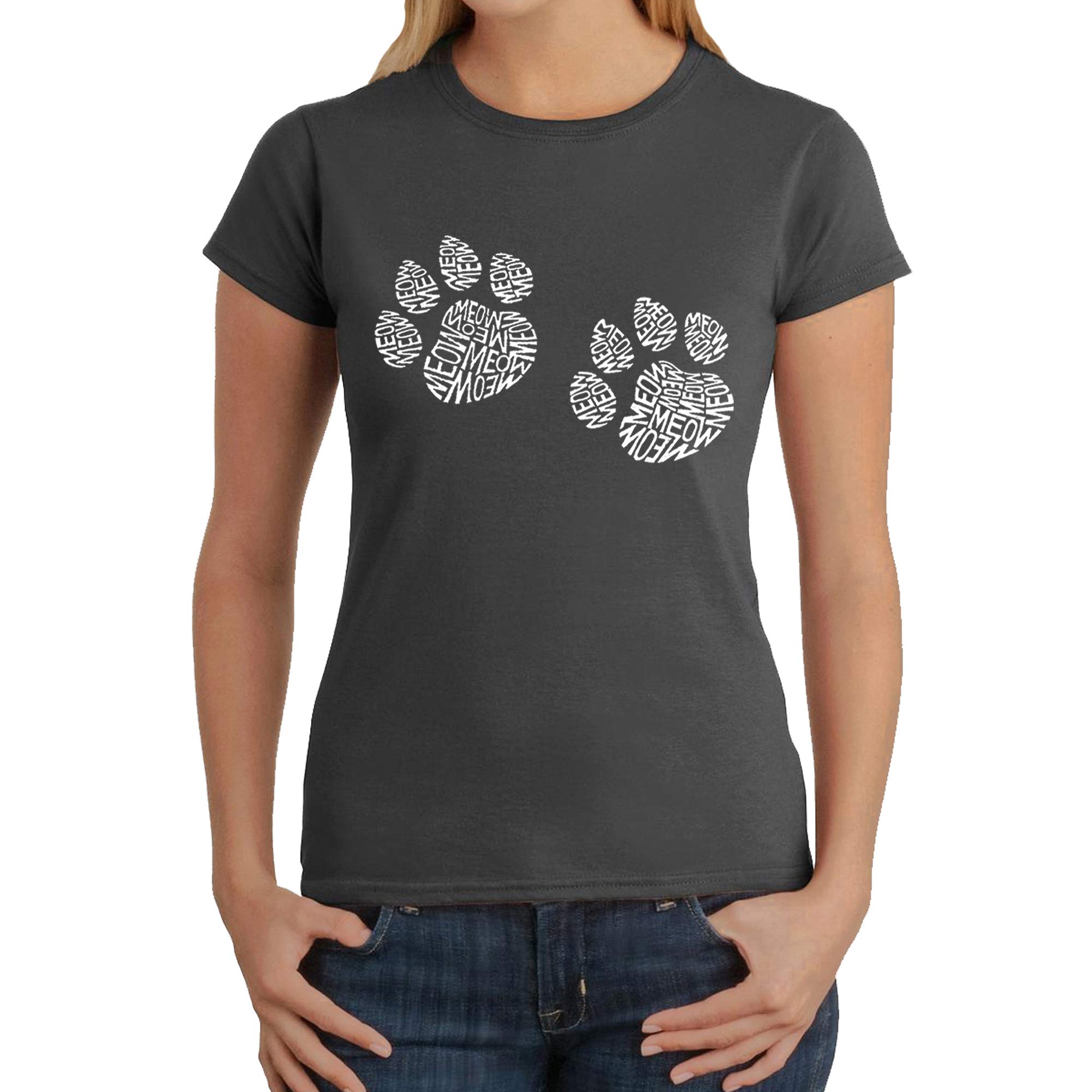LA POP ART Women's Word Art T-Shirt with Cute Meow Cat Print - Trendy Graphic Tee for Casual Wear, Cat Lovers Gift, Street Style Outfit