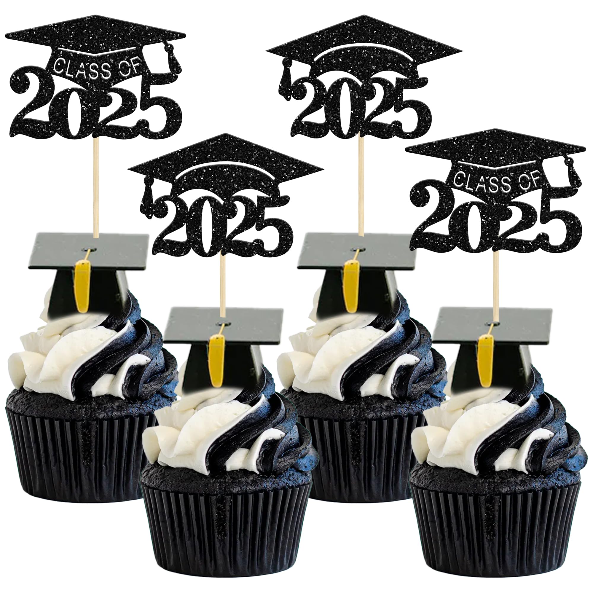 24Pcs Black Glitter Graduation Cap Cupcake Toppers 2025 - Graduation Cake Decorations for 2025 Graduation Party Supplies | Perfect for Graduation Theme Cakes, Cupcakes, and Dessert Tables