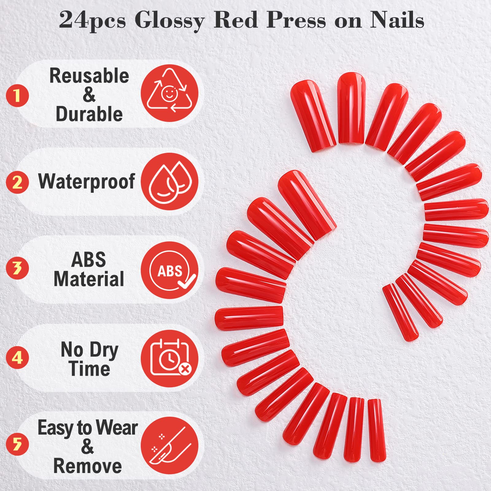 Kikmoya Extra Long Square Press on Nails - Glossy Red Fake Nails, Full Cover False Nail Tips, Acrylic Stick on Nails for Women - Perfect for Parties, Weddings, and Everyday Manicure