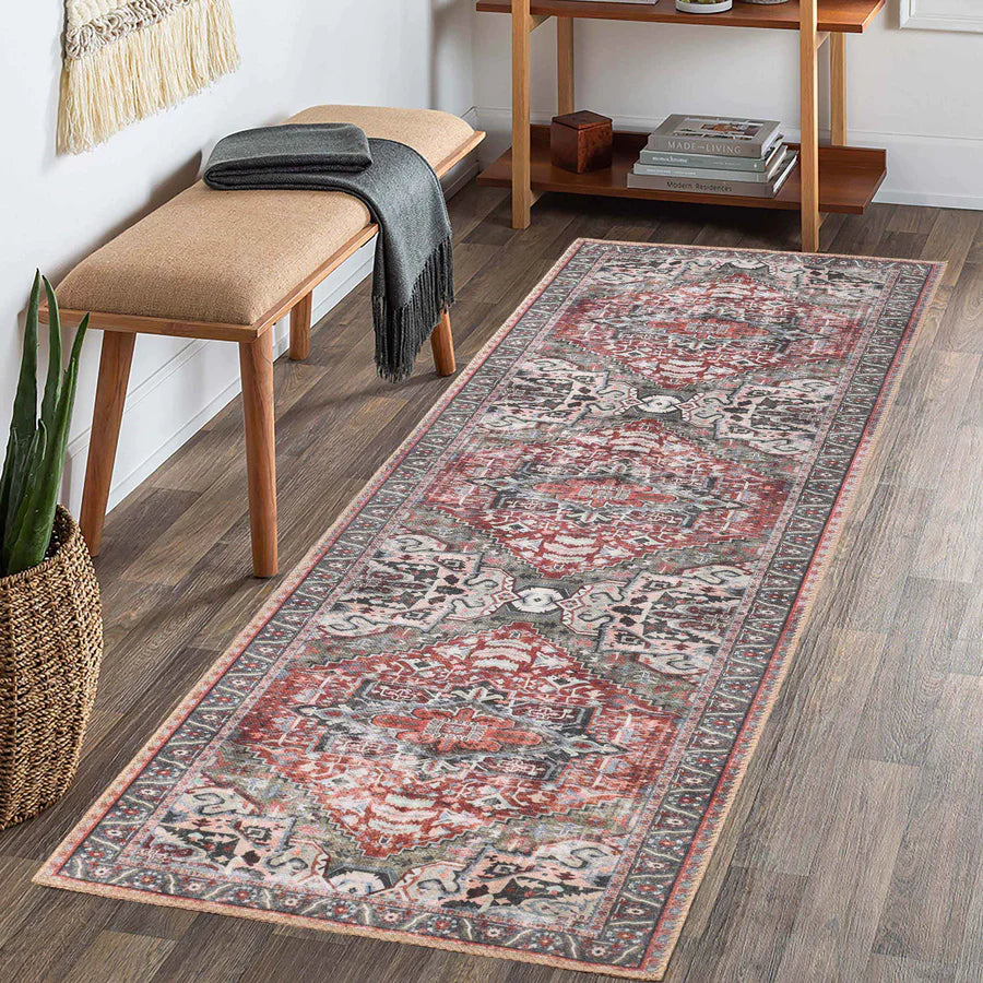 Handmade Rustic Medallion Border Area Rug - Non-Slip Indoor Runner for Living Room, Bedroom & Hallway - Boho Chic Home Decor