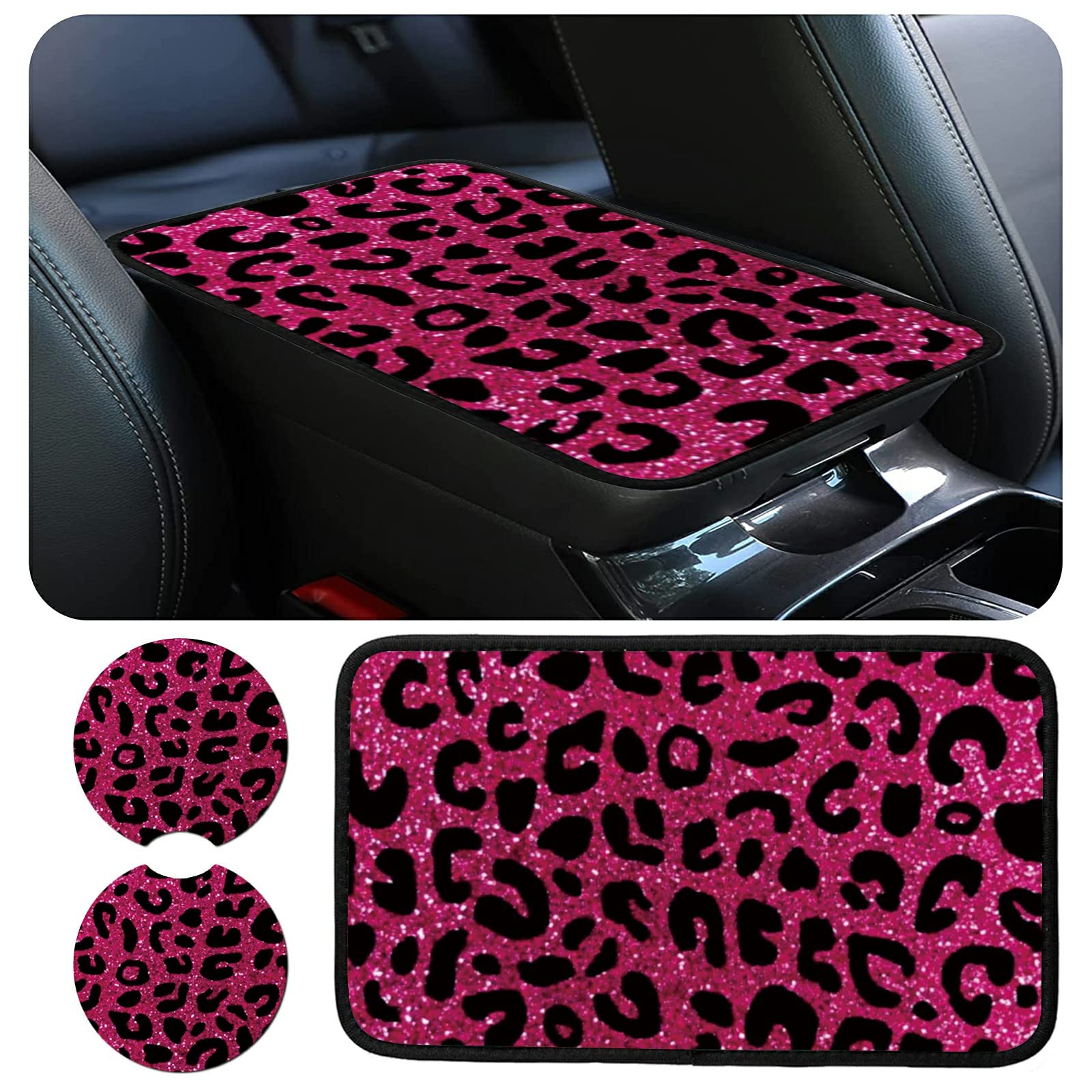 Glitter Leopard Car Armrest Cover with 2 Coasters - Universal Fit for Most Cars, SUVs & Trucks - Soft Center Console Protector Pad (12.6