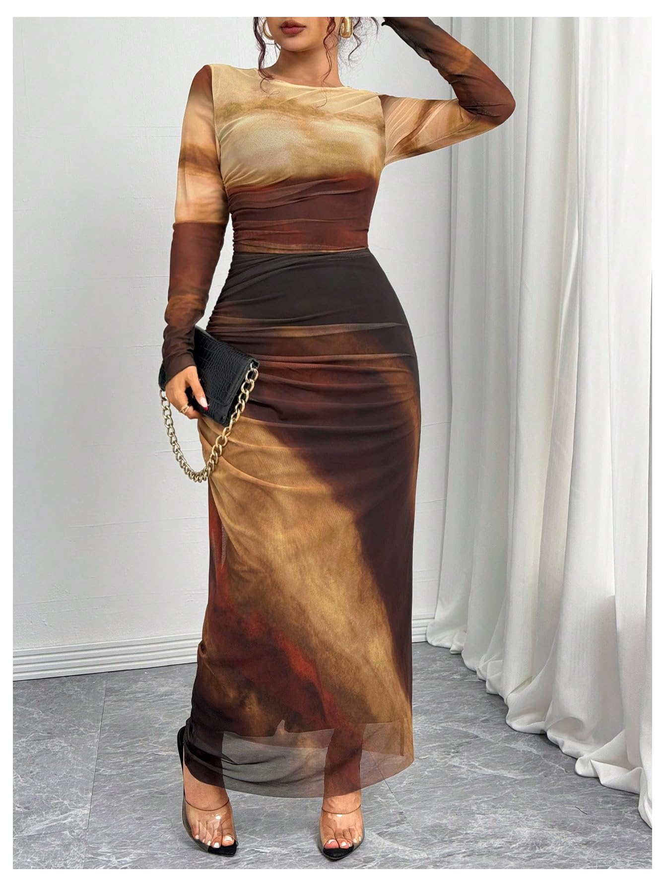 Women's Tie Dye Ruched Long Sleeve Bodycon Maxi Dress - Slim Fit Mesh Party Dress for Night Out, Date Night & Summer Vacation