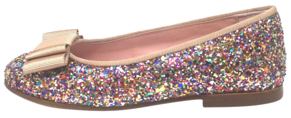 Chupetin 9336 Women's Rainbow Sparkle Glitter Tan Bow Slip-On Ballet Flats - Comfortable & Stylish for Casual Wear, Parties, and Dance