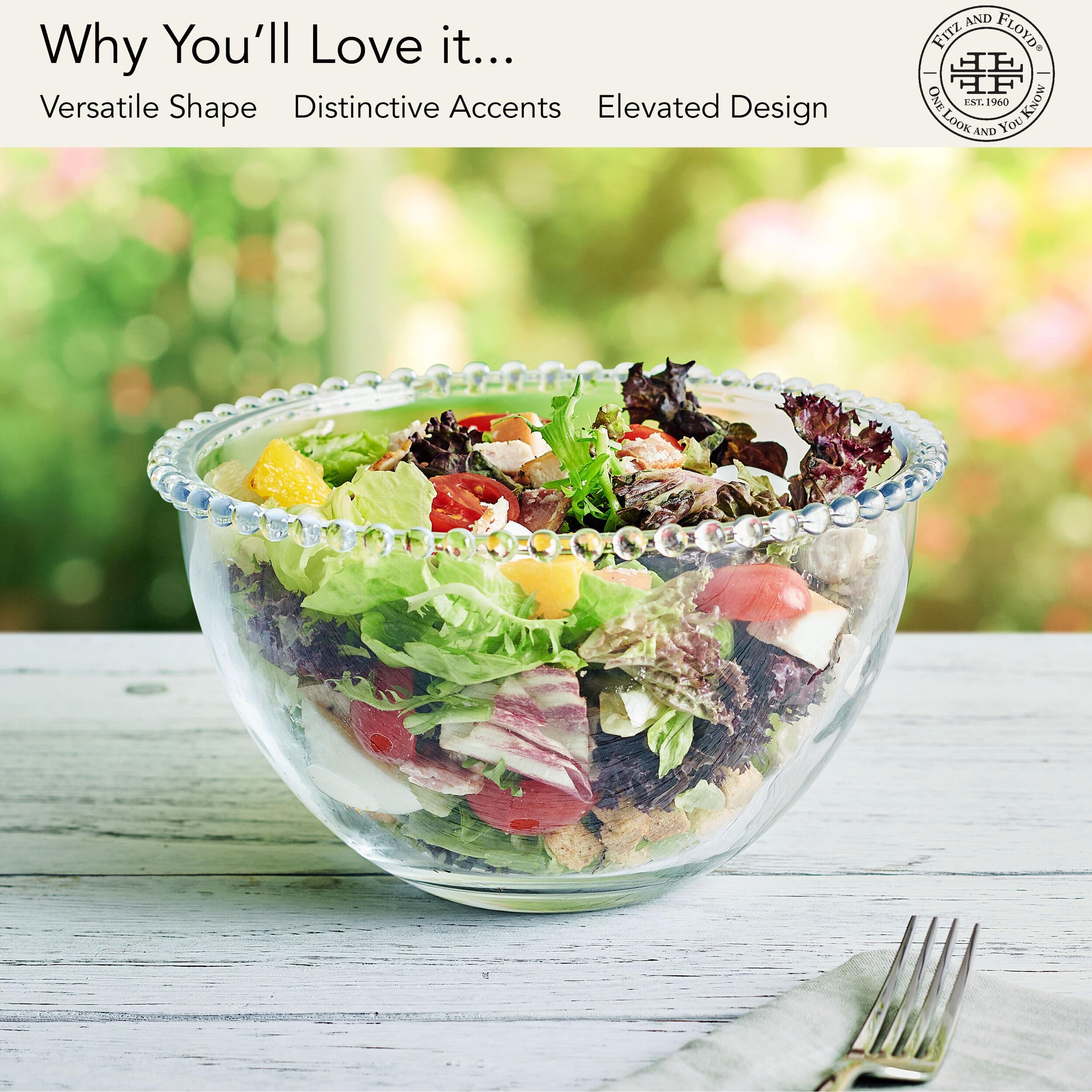 Fitz and Floyd 8.25 Inch Clear Beaded Glass Fruit Bowl - Elegant Salad Serving Dish for Parties, Weddings & Home Decor