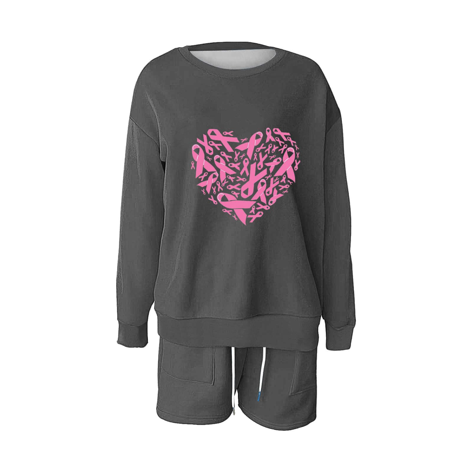 2-Piece Women's Breast Cancer Awareness Long Sleeve Sweatshirt & Shorts Lounge Set - Comfortable Fall Matching Outfit 2024 | Casual Wear, Home Relaxation, Support Awareness
