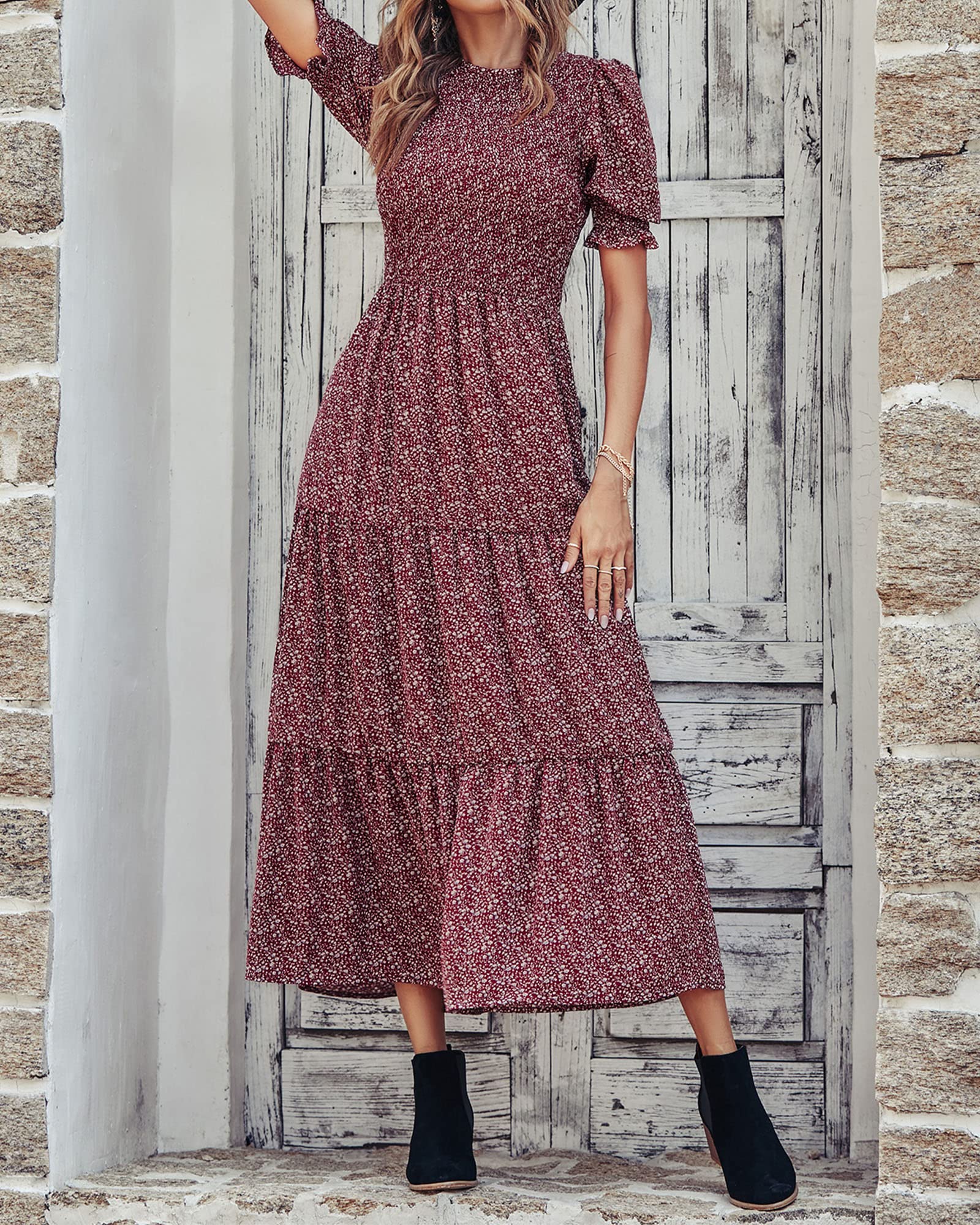 BTFBM Women's Floral Print Boho Maxi Dress - Crew Neck, Ruffle Short Sleeve, Smocked Waist, Flowy Summer Dress for Beach, Vacation & Casual Wear 2025