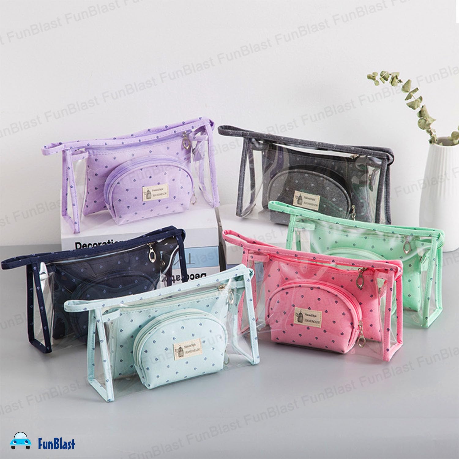 FunBlast 3-Pack Cosmetic Makeup Bags for Women - Waterproof Travel Toiletry Organizer with Zipper, Portable Vanity Pouch for Makeup, Jewelry & Essentials - Perfect for Travel, Gym, Work & Daily Use (Grey)
