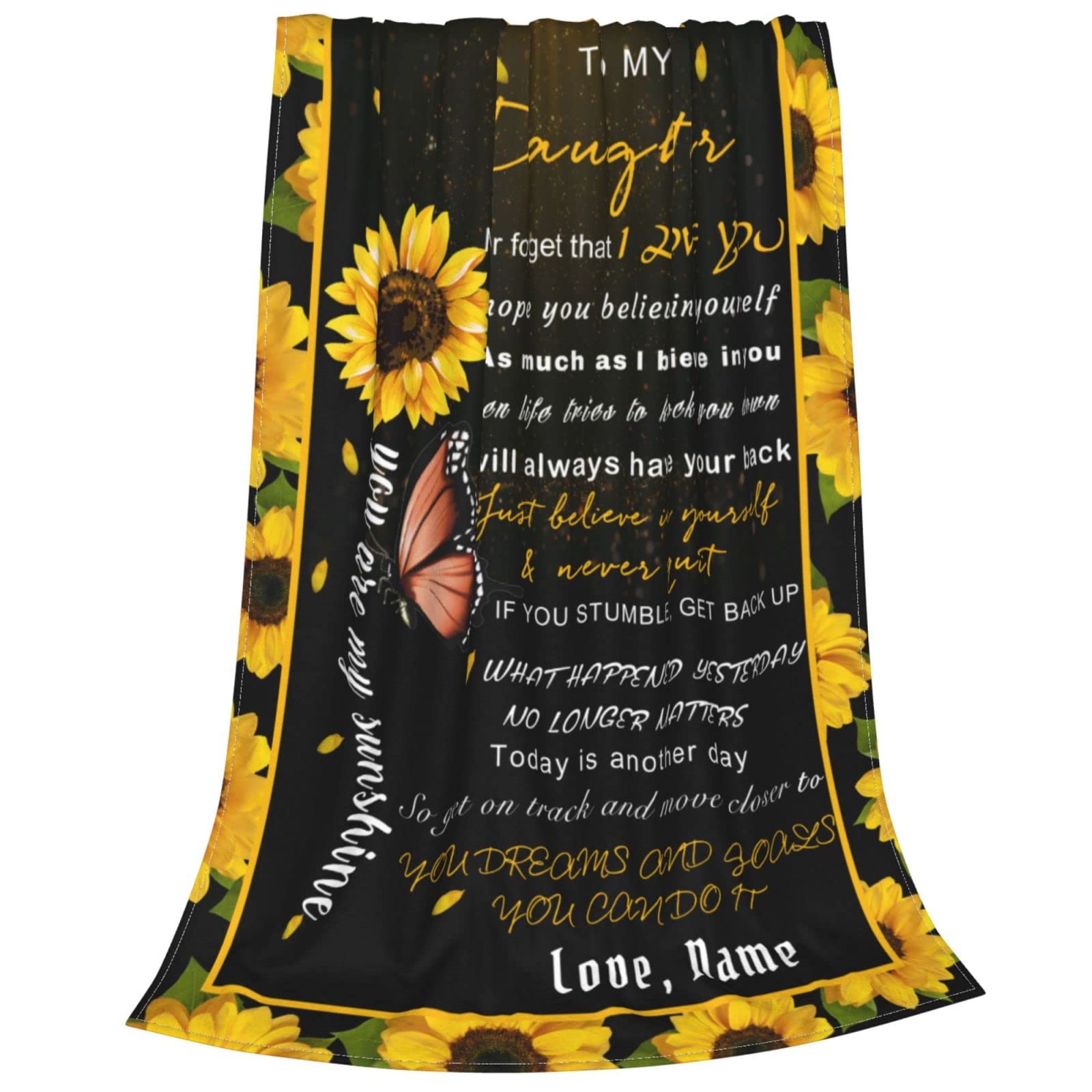 Personalized Custom Name Blanket - Love Letter to My Daughter from Dad & Mom - Butterfly Sunflower Design - 40x50 Inches Soft Fleece Throw Blanket - Perfect for Bed, Couch, Nursery & Gift Giving