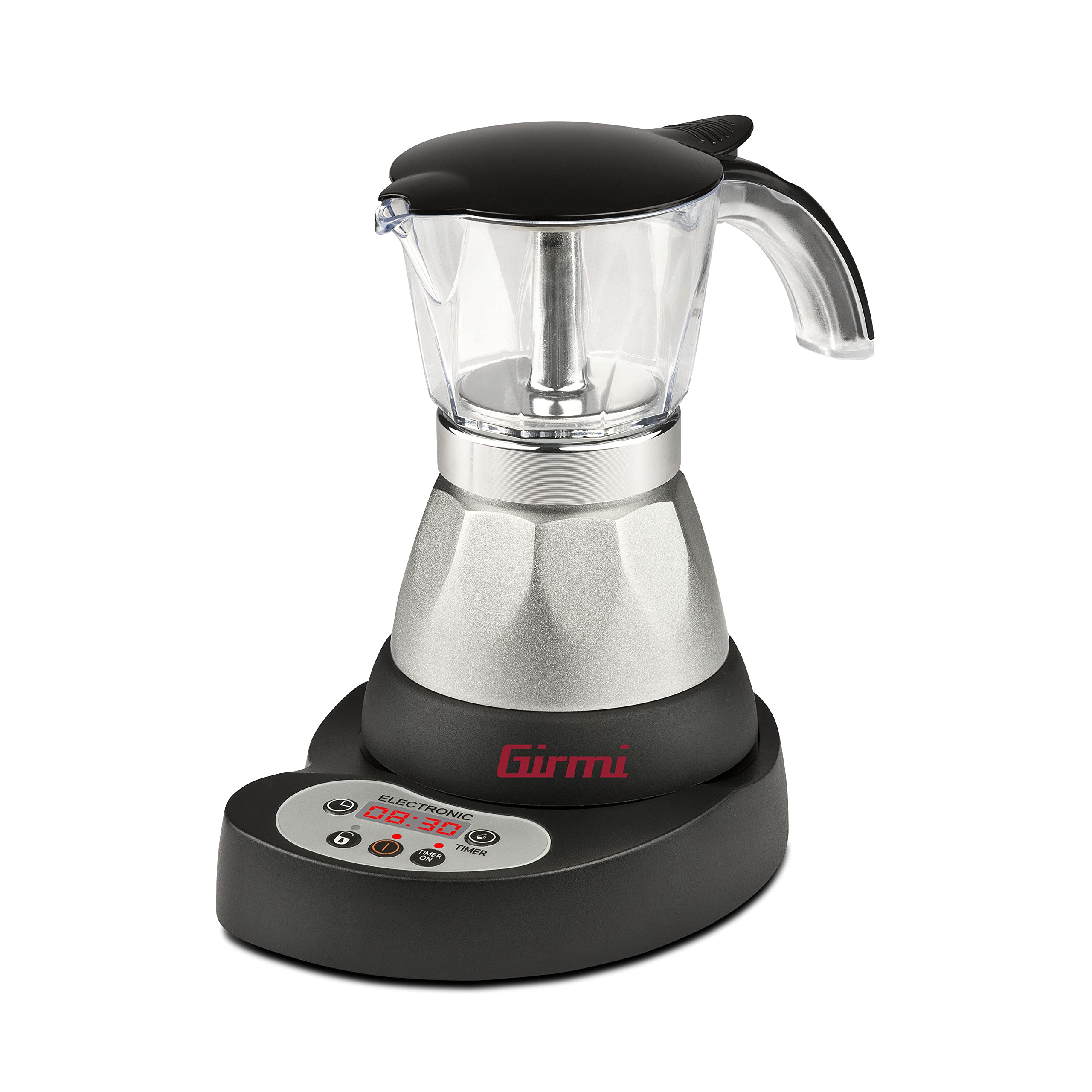 Girmi MC23 Programmable Electric Moka Pot for Ground Coffee, 1-3 Cups, 400W, LED Display, Timer, Keep Warm Function, Aluminum, Silver - Perfect for Home, Office, and Travel Use