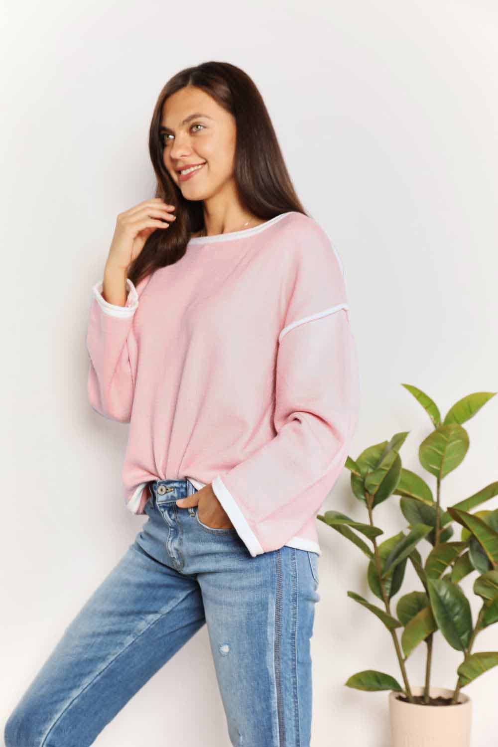 Blush Pink Contrast Detail Dropped Shoulder Knit Top for Women - Casual Chic Sweater for Fall Layering & Date Night Outfits