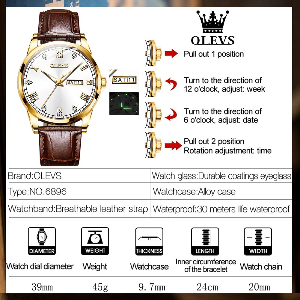 OLEVS Men's Brown Leather Watch - Rose Gold Quartz, Waterproof for Daily Wear & Dress Occasions