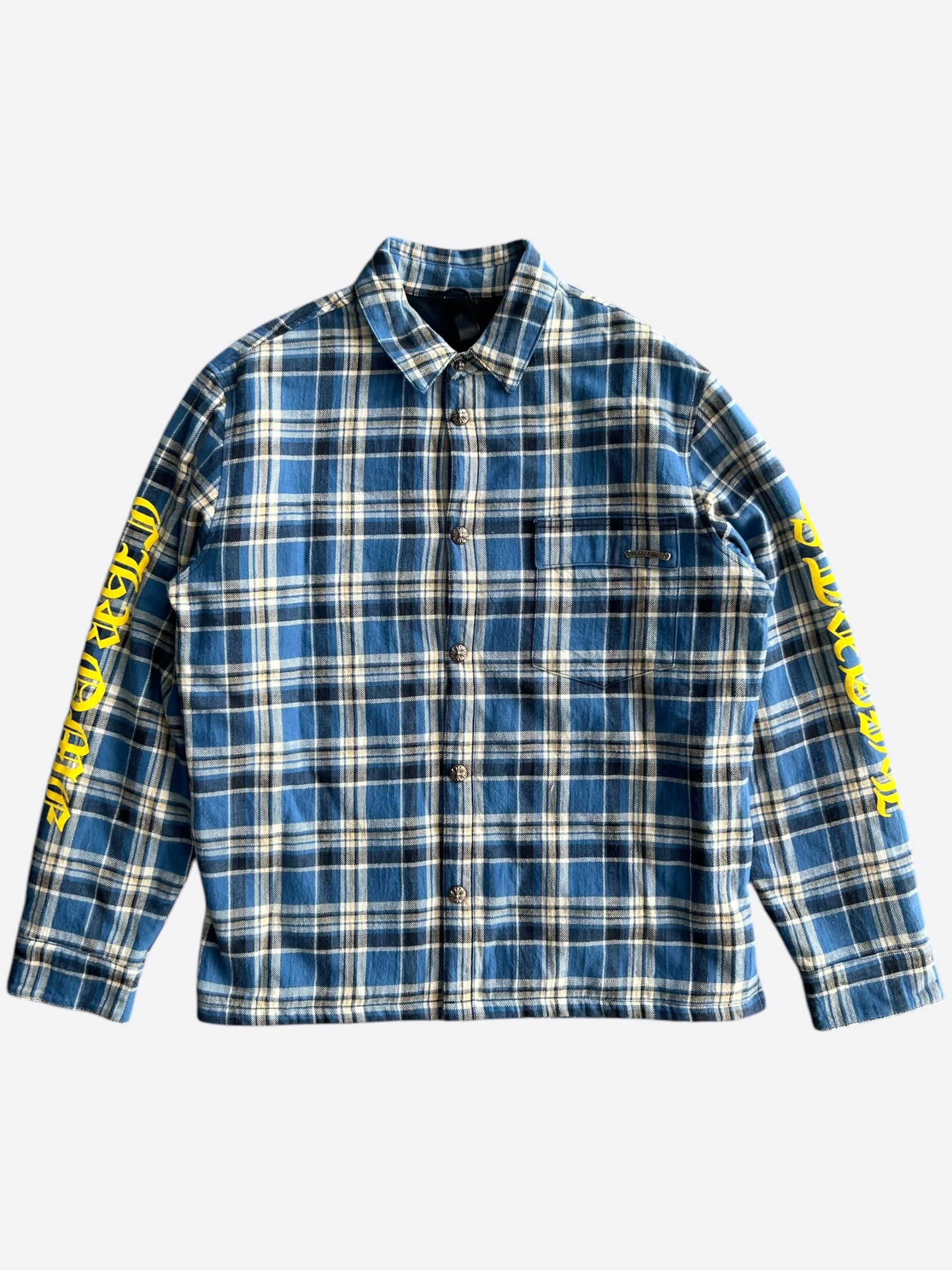 Chrome Hearts Blue & Yellow Script Padded Flannel Jacket for Men - Stylish Winter Outerwear for Casual Wear & Street Fashion
