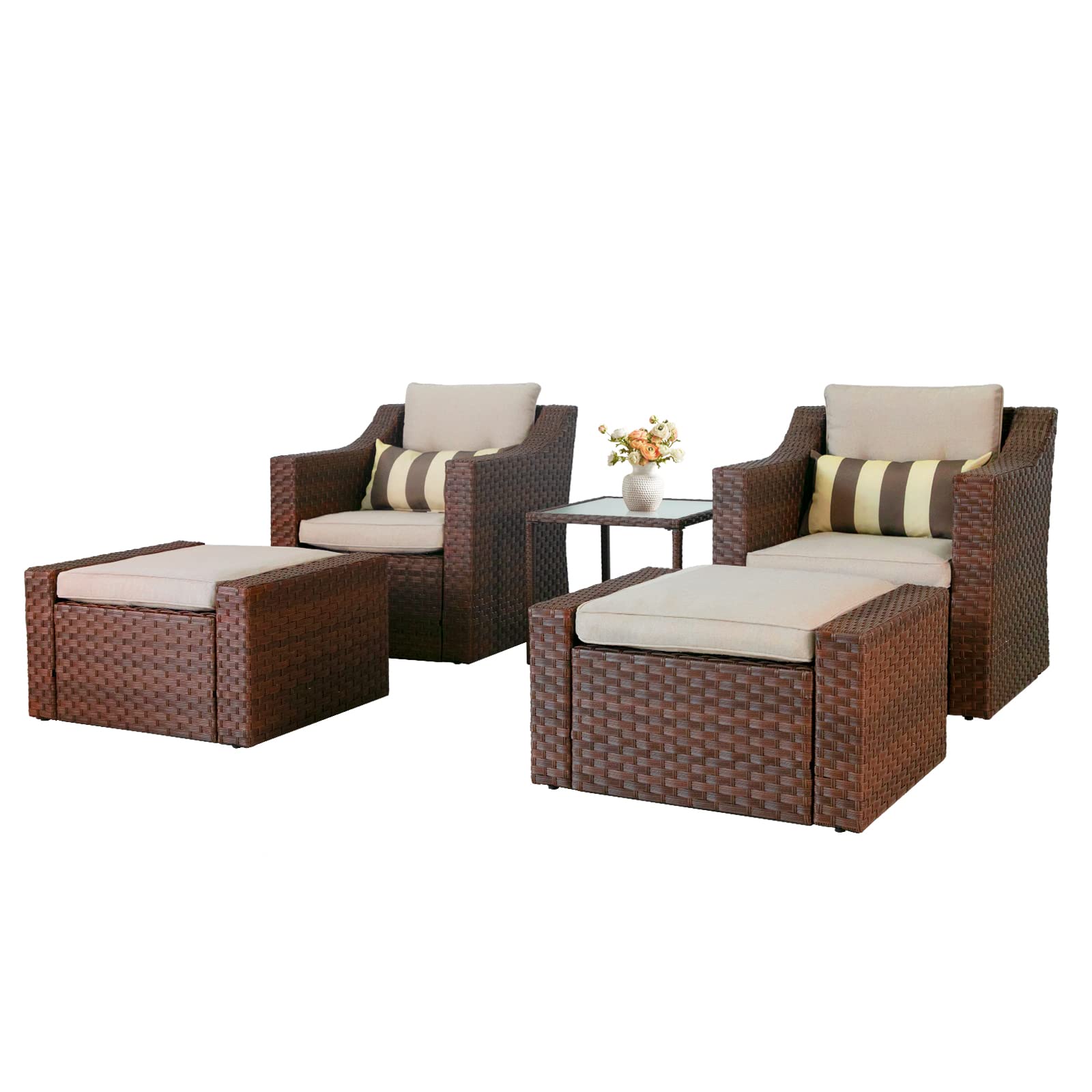SOLAURA 5-Piece Outdoor Patio Furniture Set - Brown Wicker Lounge Chairs with Ottoman Footrest, Coffee Table & Beige Cushions for Garden, Backyard, Deck or Balcony - Perfect for Relaxing, Entertaining & Outdoor Lounging