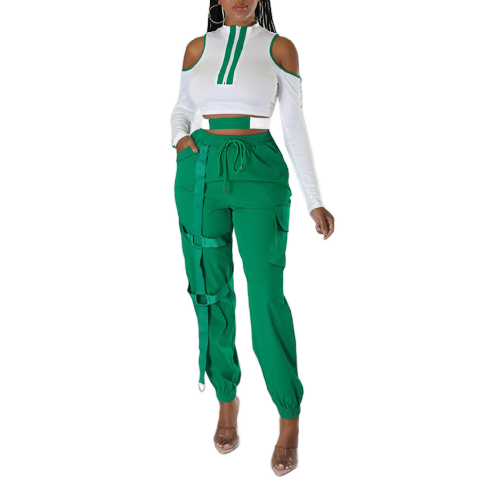 VOIKERDR Women's Two Piece Outfits - Off Shoulder Crop Top & High Waist Bodycon Pants Colorblock Tracksuit Set | Casual Streetwear, Gym Workout, Party Outfit