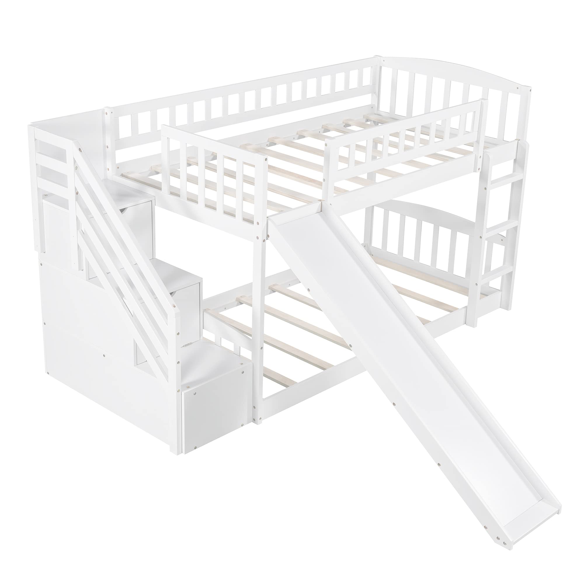 **Kids Wooden Low Bunk Bed with Slide & Stairs - Twin Over Twin Floor Bunk Bed with Storage Shelves & Handrail - White Bunk Bed for Small Rooms, Playrooms & Sleepovers (#8)**