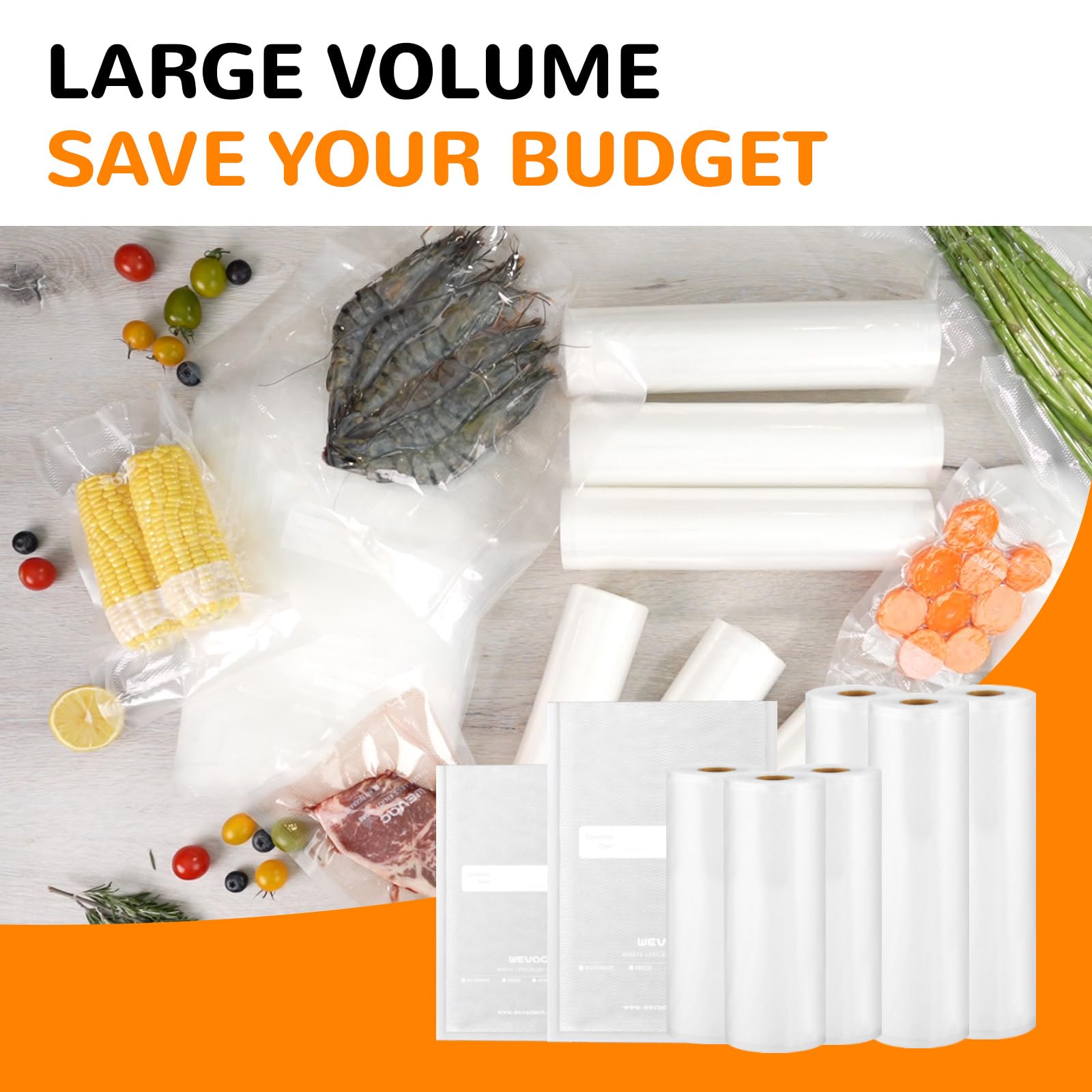 Premium Vacuum Sealer Bags & Rolls - 100pcs 6x10 inch, 100pcs 8x12 inch, 3 Rolls 11x20 ft, 3 Rolls 8x20 ft - Heavy Duty Commercial Grade Food Storage Bags for Sous Vide, Meal Prep, Freezer Storage & Long Term Food Preservation - Wevac Brand