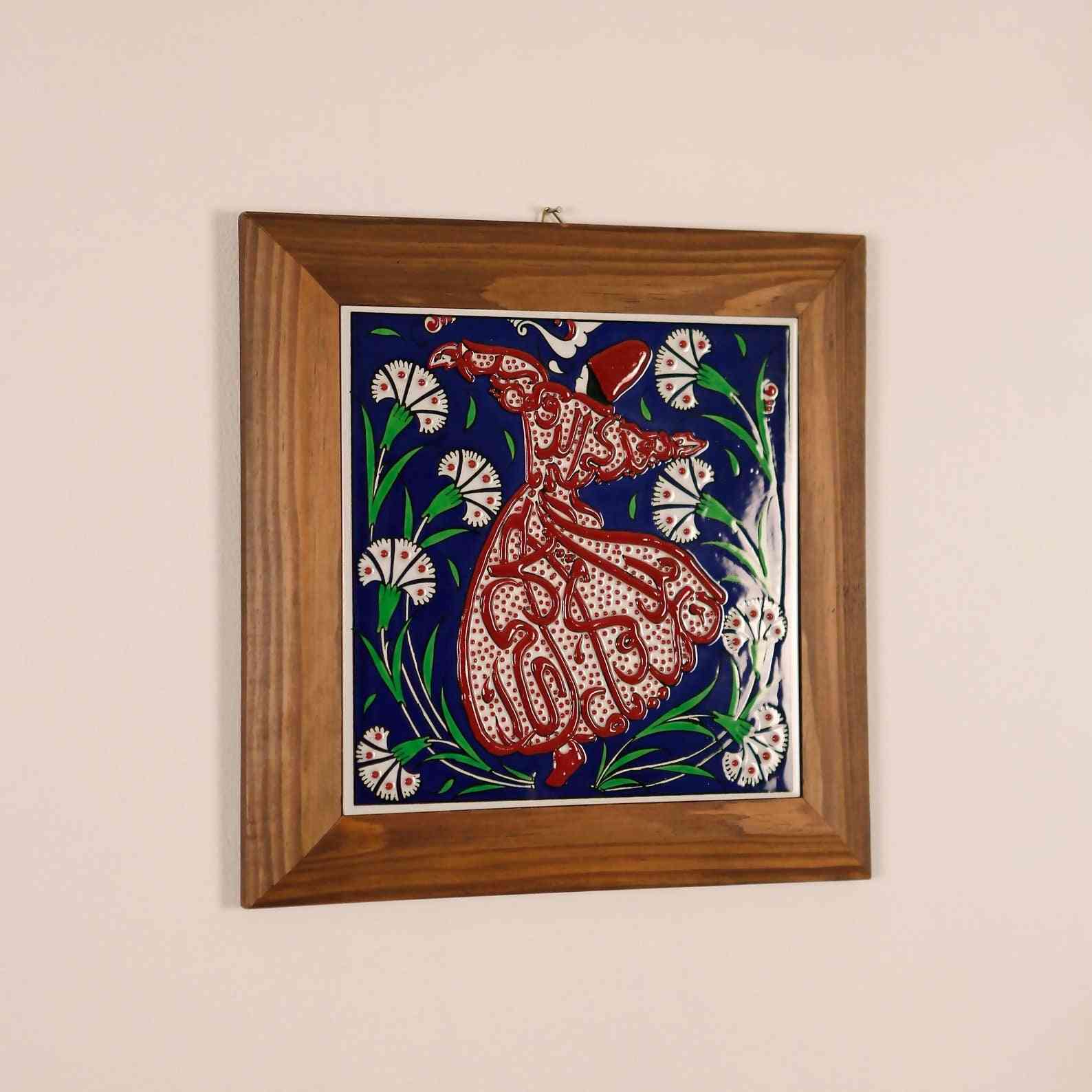 Hand Painted Islamic Iznik Tile Wall Art - Whirling Darwish Design - Authentic Turkish Home Decor for Living Room, Bedroom & Office