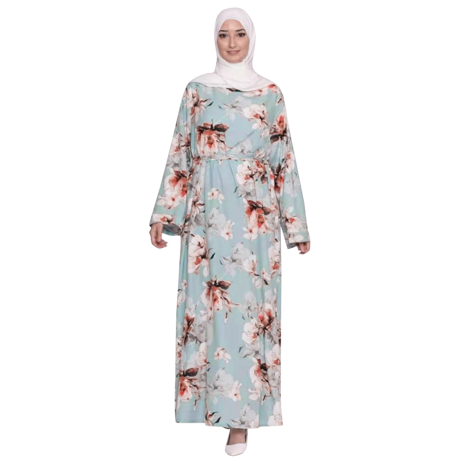 Women's Floral Maxi Dress with Belt - Summer Casual Muslim Abaya Kaftan Dress for Islamic & Arab Fashion - Perfect for Beach, Travel, and Special Occasions