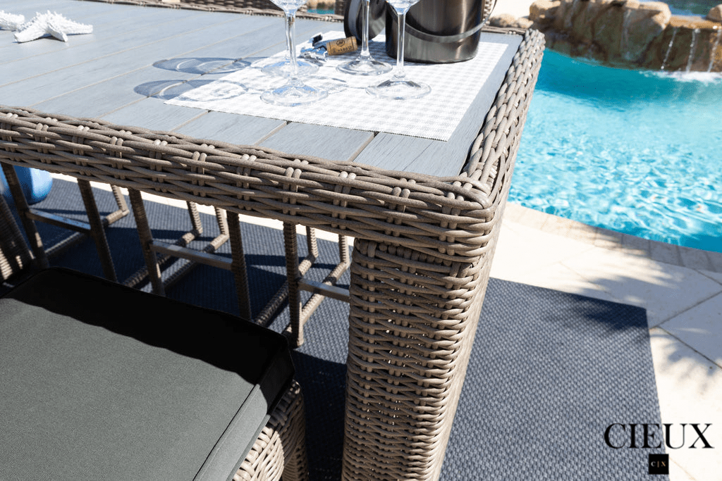 Riviera Outdoor Patio Wicker Bar Table and 6 Chairs Set - Grey Rattan Furniture with Sunbrella Canvas Charcoal Cushions - Perfect for Backyard, Poolside, and Garden Dining