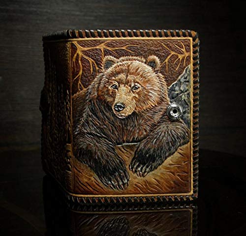 Handmade 3D Carved Genuine Leather Wallet for Men - Biker Style Long Wallet with Custom Bear Design - Personalized Hand-Painted Leather Carving Gift for Dad, Husband, Boyfriend - Perfect for Motorcycle Riders, Outdoor Enthusiasts & Western Style Lovers