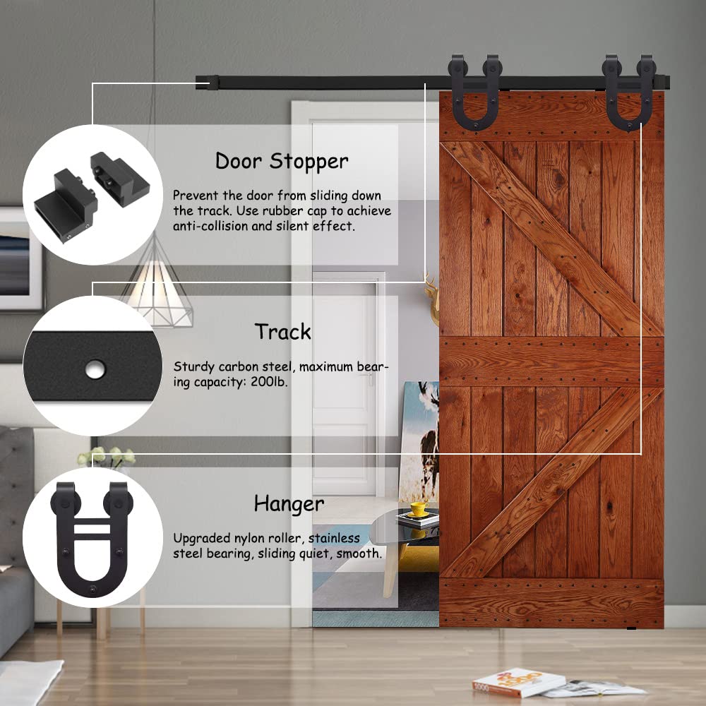 Shella 8FT Heavy Duty Sliding Barn Door Hardware Kit - Rustic Horseshoe Hanger Roller Track System for Single 42''-48'' Wide Doors (Black) | Perfect for Garage, Closet, Pantry & Farmhouse Style Interior Doors