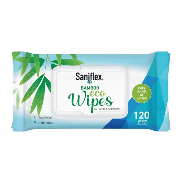 Saniflex Bamboo Eco-Friendly Wipes for Hands & Surfaces | 120 Count Biodegradable Wet Wipes | Gentle for Skin & Tough on Germs | Perfect for Travel, Baby Care & Home Cleaning