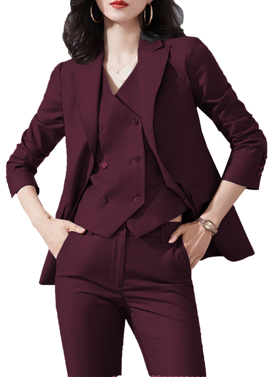 3 Piece Business Casual Slim Fit Peak Lapel Women's Suit Set (Blazer, Vest & Pants) - Perfect for Office, Interviews & Professional Events