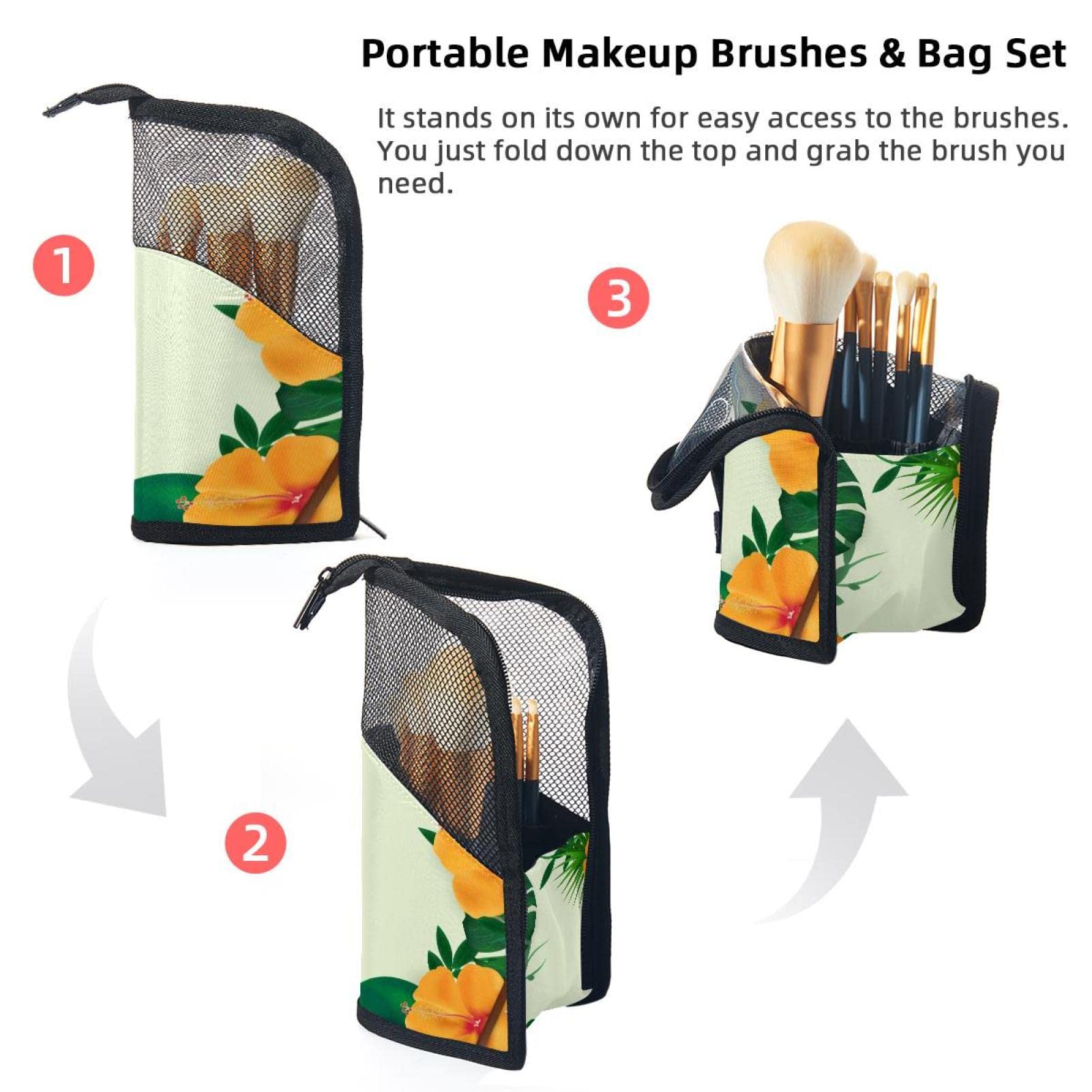 Premium 12-Piece Makeup Brush Organizer Bag with Tropical Leaves & Yellow Flowers Design - Portable Travel Makeup Brush Holder Case for Professional Artists & Beauty Enthusiasts - Perfect for Home, Travel & Salon Use
