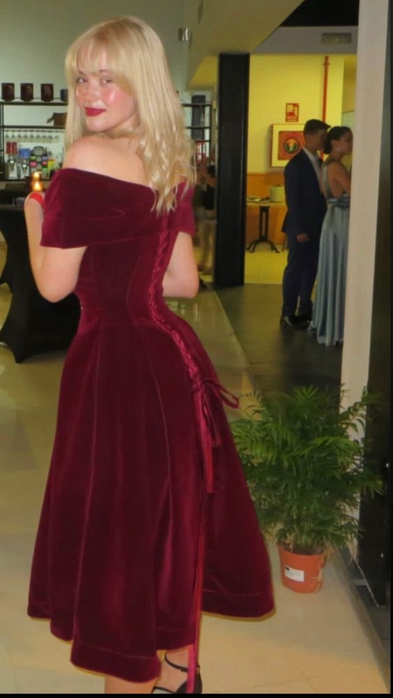 Burgundy Velvet Off-the-Shoulder A-Line Long Prom Dress for Evening Gowns & Formal Events | Elegant Homecoming, Wedding Guest & Party Dress J4302