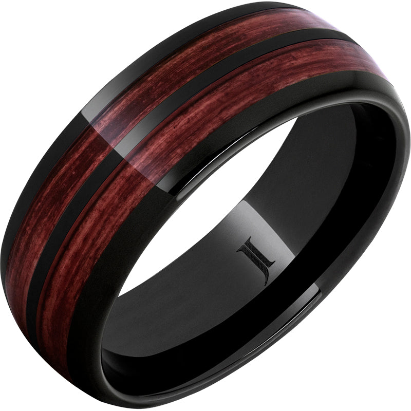 Double Barrel Barrel Aged Black Diamond Ceramic Dome Ring with Cabernet Inlays - Elegant Jewelry for Weddings, Anniversaries & Special Occasions