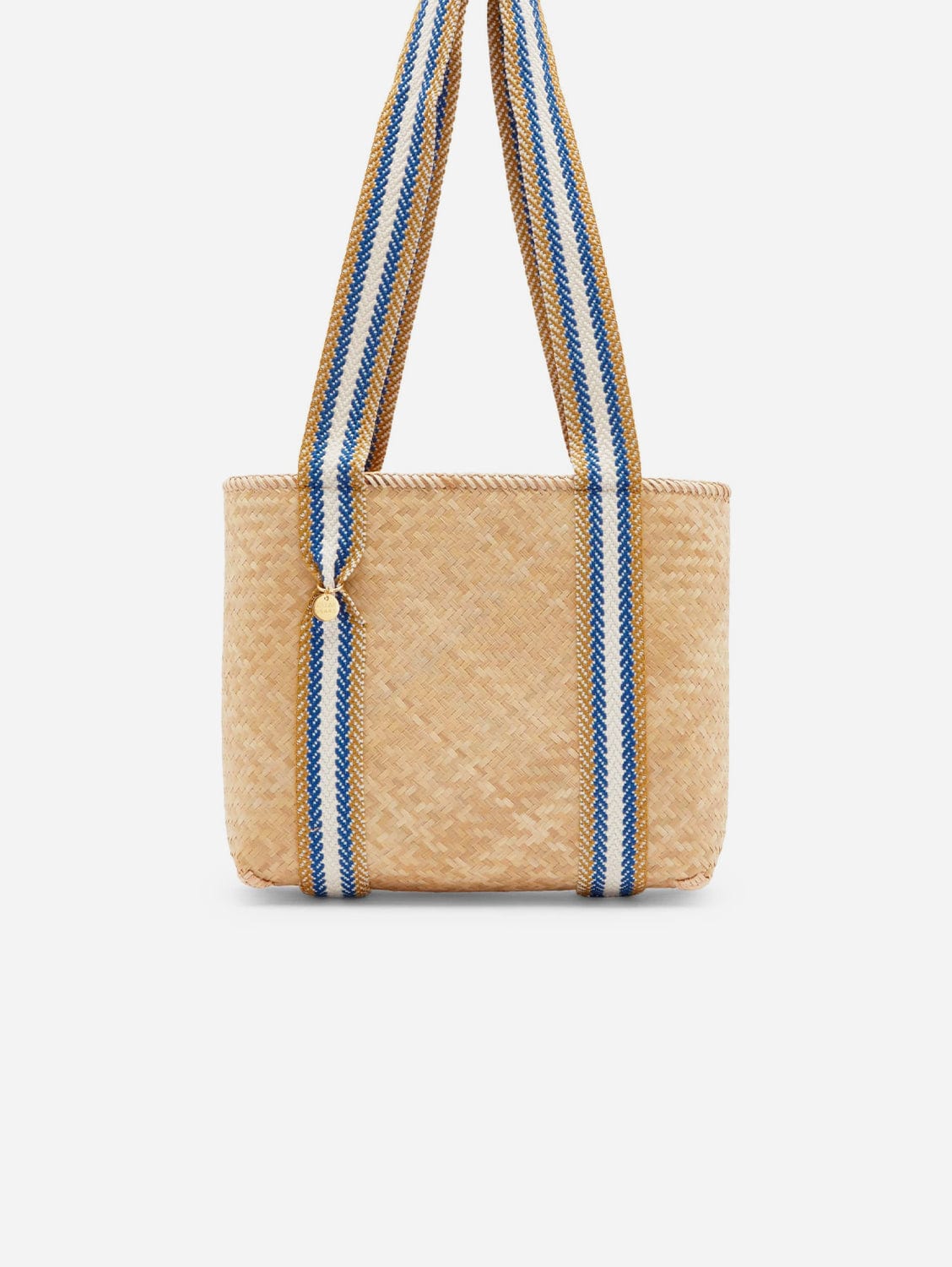 Mentawai Handwoven Bamboo Vegan Small Tote Bag - Eco-Friendly Natural & Blue Stripe Women's Purse for Beach, Shopping & Daily Use