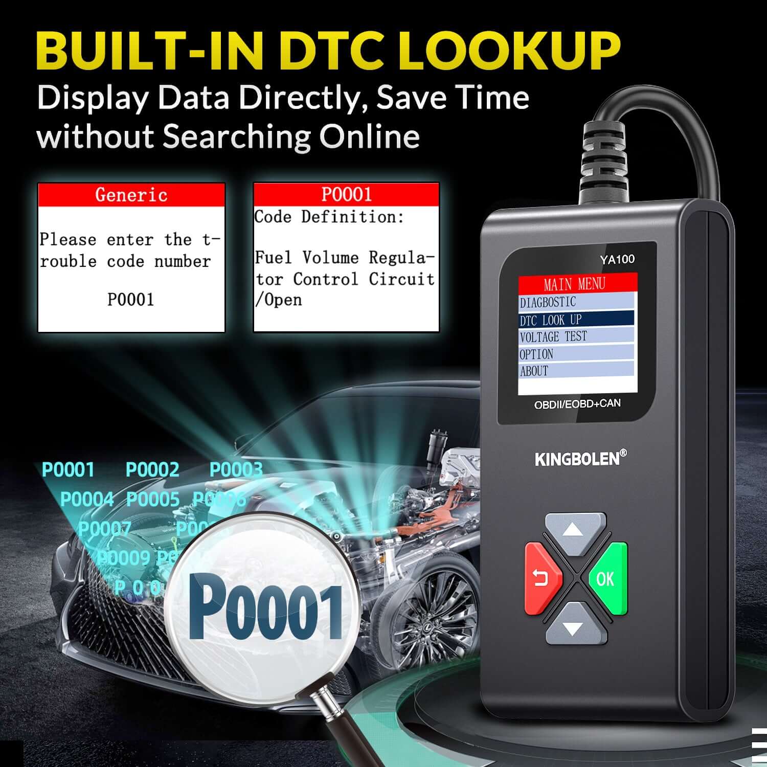 KINGBOLEN YA100 Auto OBD2 Scanner - Professional Car Diagnostic Tool for Engine & Exhaust Inspection | Perfect for Mechanics & DIY Car Maintenance