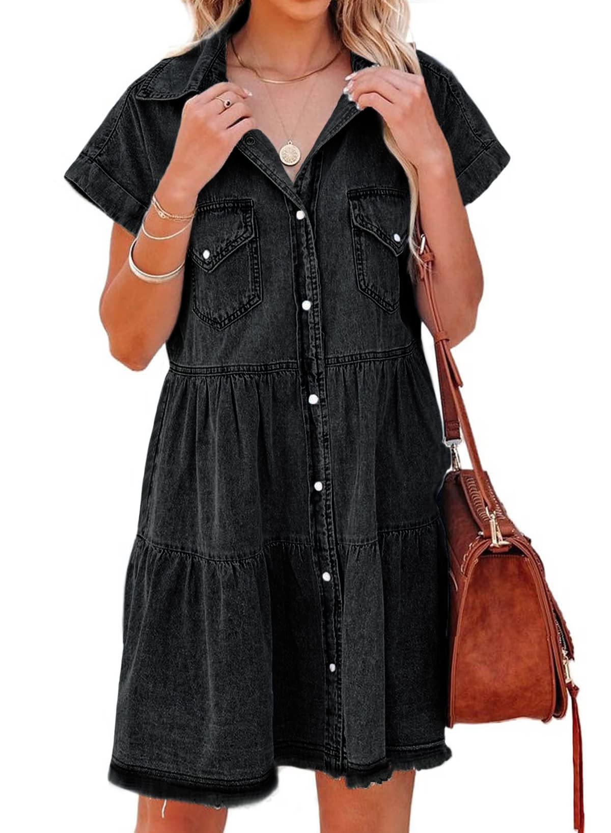 Stylish Women's Denim Button Down Dress with Ruffles & Pom Poms - Short Sleeve Casual Jean Dress for Summer Outings, Brunch Dates & Weekend Getaways
