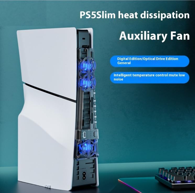 PS5 Cooling Fan with LED Light - Adjustable Speed (3 Modes) & USB Port Memory Function for PS5 Pro/PS5 Slim/PS5 - External Cooler System for Enhanced Gaming Performance & Console Protection