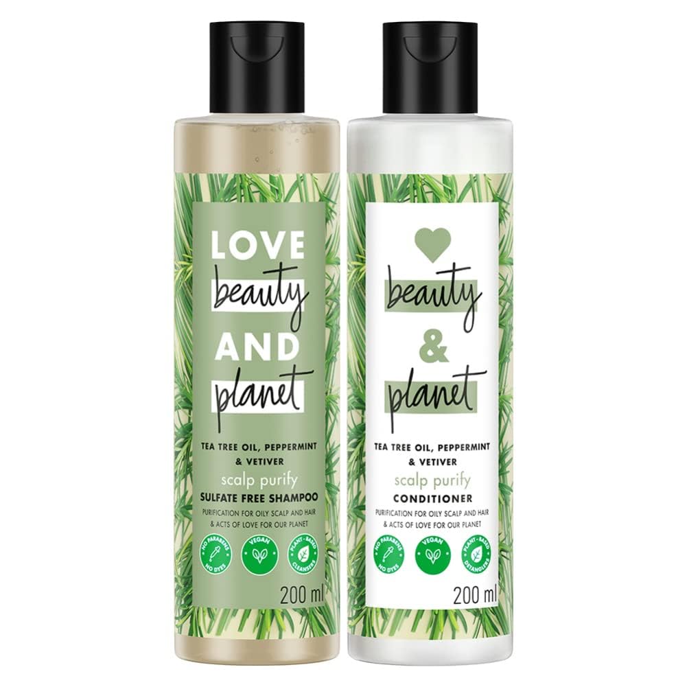 Loves Beauty & Planet Tea Tree, Peppermint & Vetiver Purifying Shampoo & Conditioner Set - 200ml Each, Paraben-Free, Dye-Free, Vegan & Cruelty-Free Hair Care for Oily Scalp & Dandruff Control - Perfect for Daily Use & Deep Cleansing