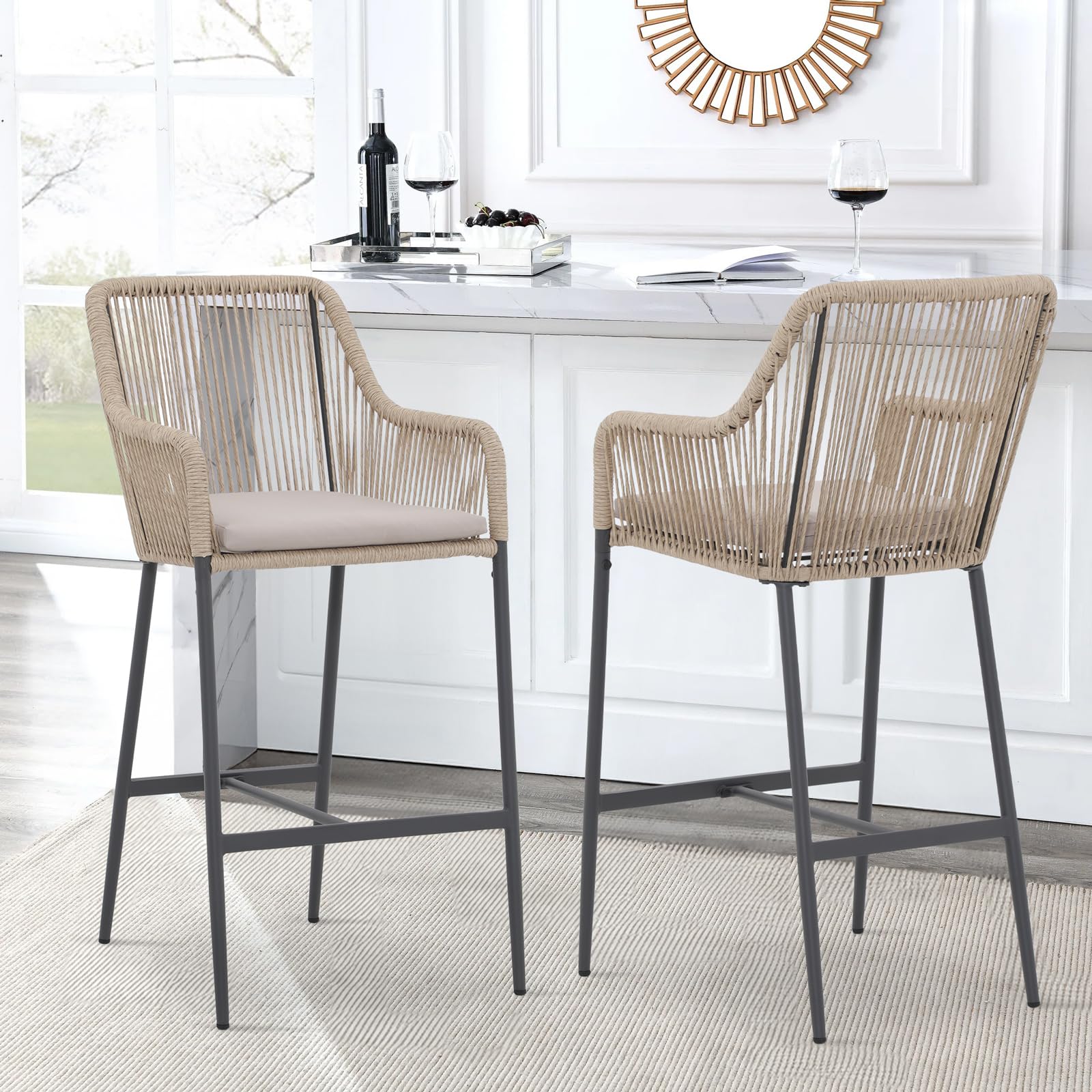 COBANA 2-Pack Outdoor Bar Stools - 36 Inch Bar Height Patio Chairs with High Back Support, Footrest & Armrests, Beige Weather-Resistant Dining Chairs for Backyard, Deck, Poolside & Outdoor Entertaining