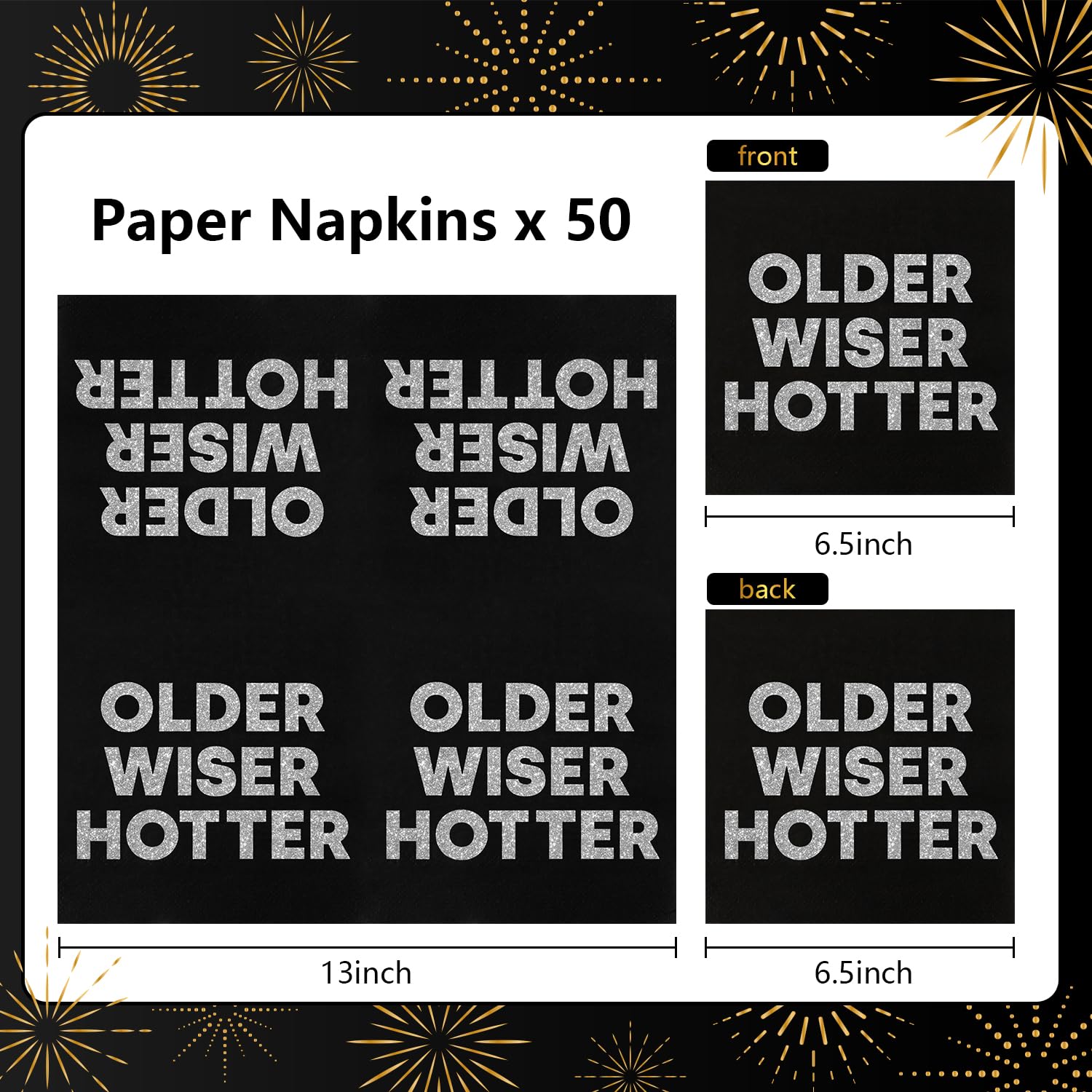 50 Pack Funny Older Wiser Hotter Birthday Napkins - 6.5x6.5 Inch Party Decorations for Women & Men - Perfect for Birthday Celebrations, Retirement Parties & Humorous Gatherings