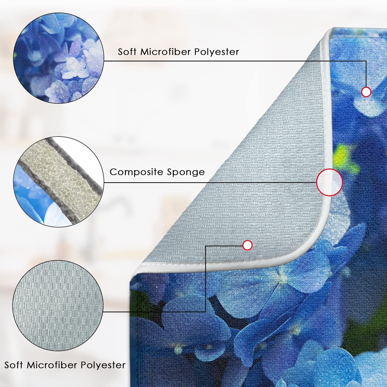 Sanwarm Absorbent Dish Drying Mat - Blue Purple Hydrangea Flower Microfiber Kitchen Counter Pad | Heat Resistant & Reversible (18